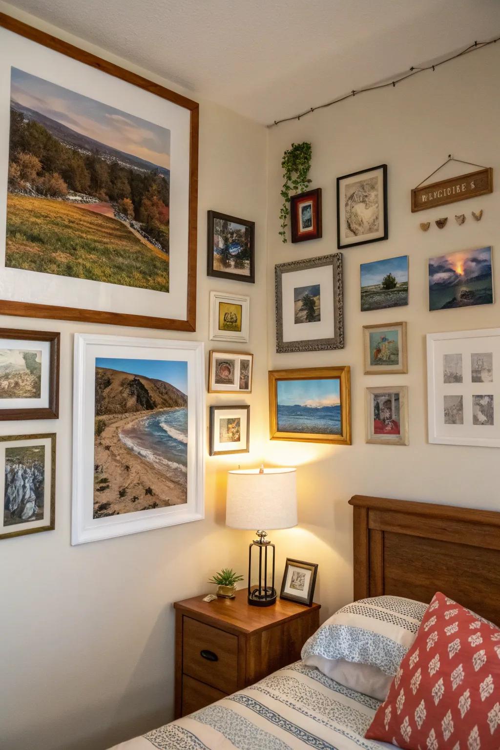 Art display exhibiting personal art and snapshots.