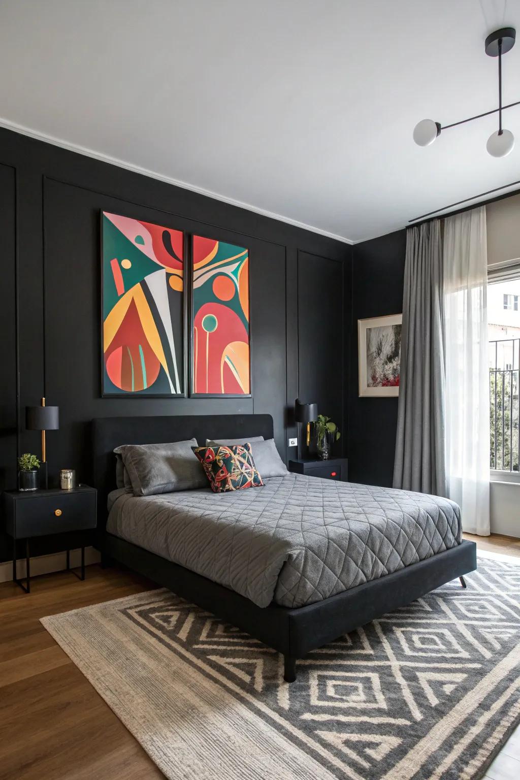 A black bedroom featuring abstract wall art as a center point.