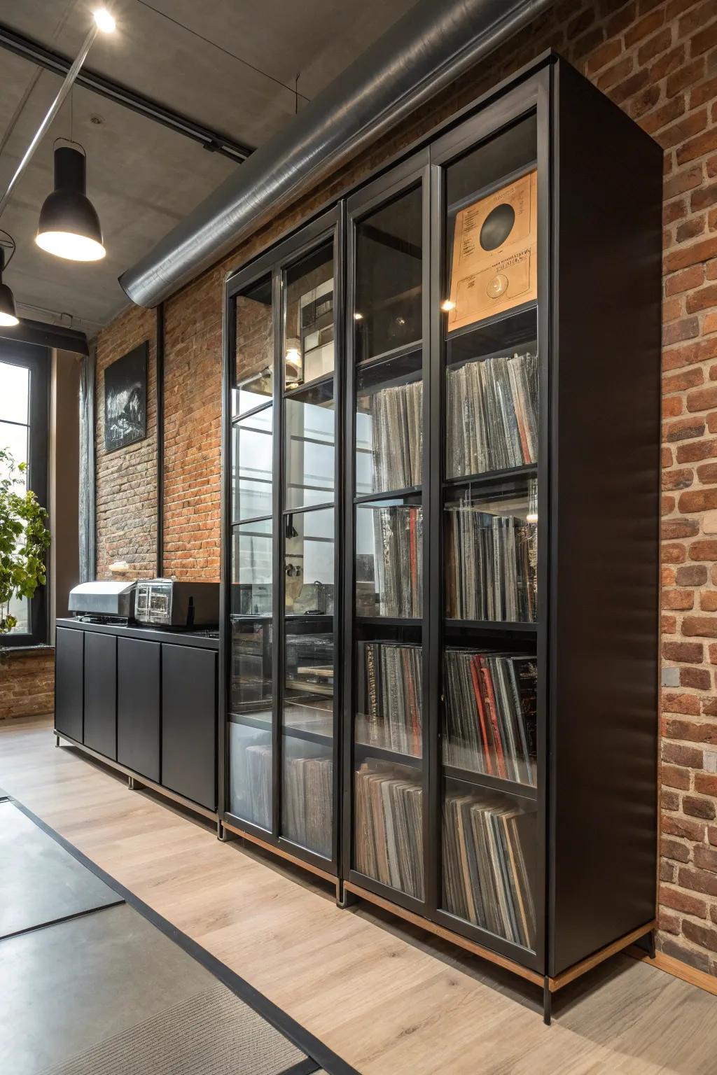 An industrial-style storage unit contributing modern sophistication to the space.