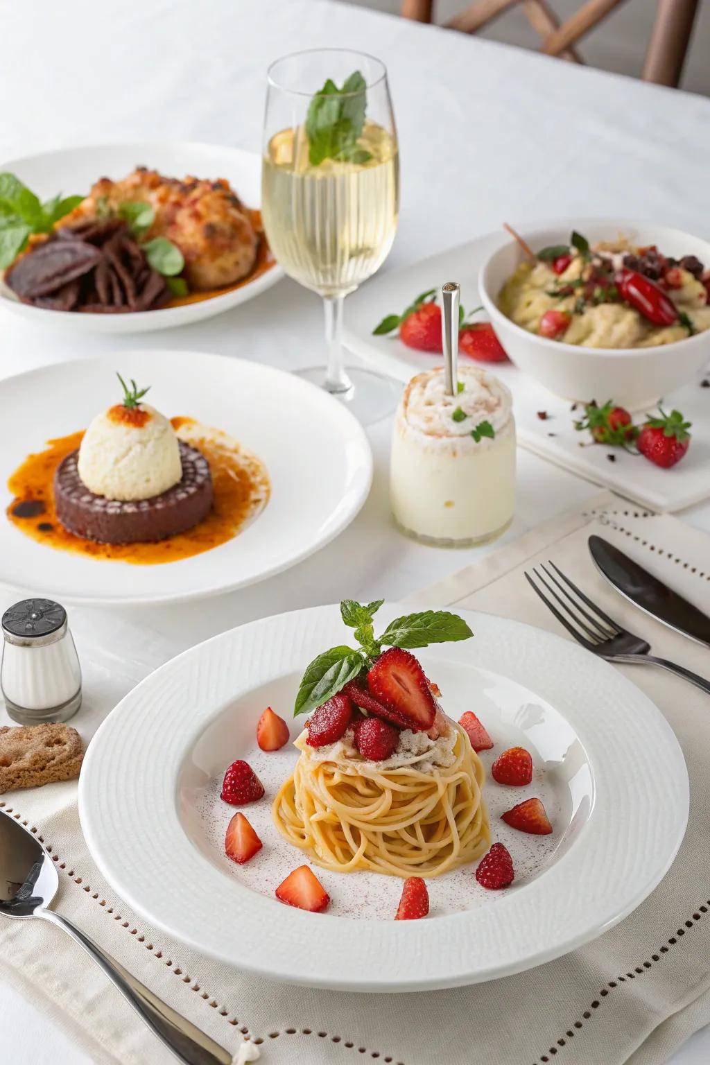 A thematic white menu providing a sophisticated culinary experience for your soiree.