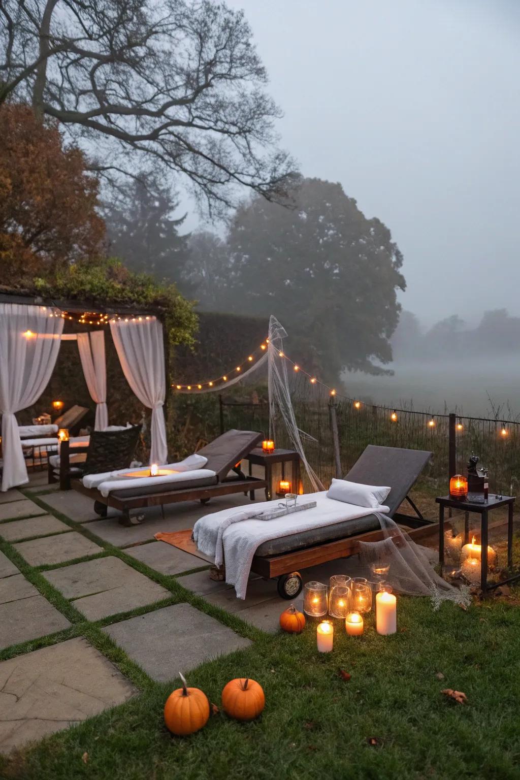An open-air spa scene for a tranquil Halloween evening.
