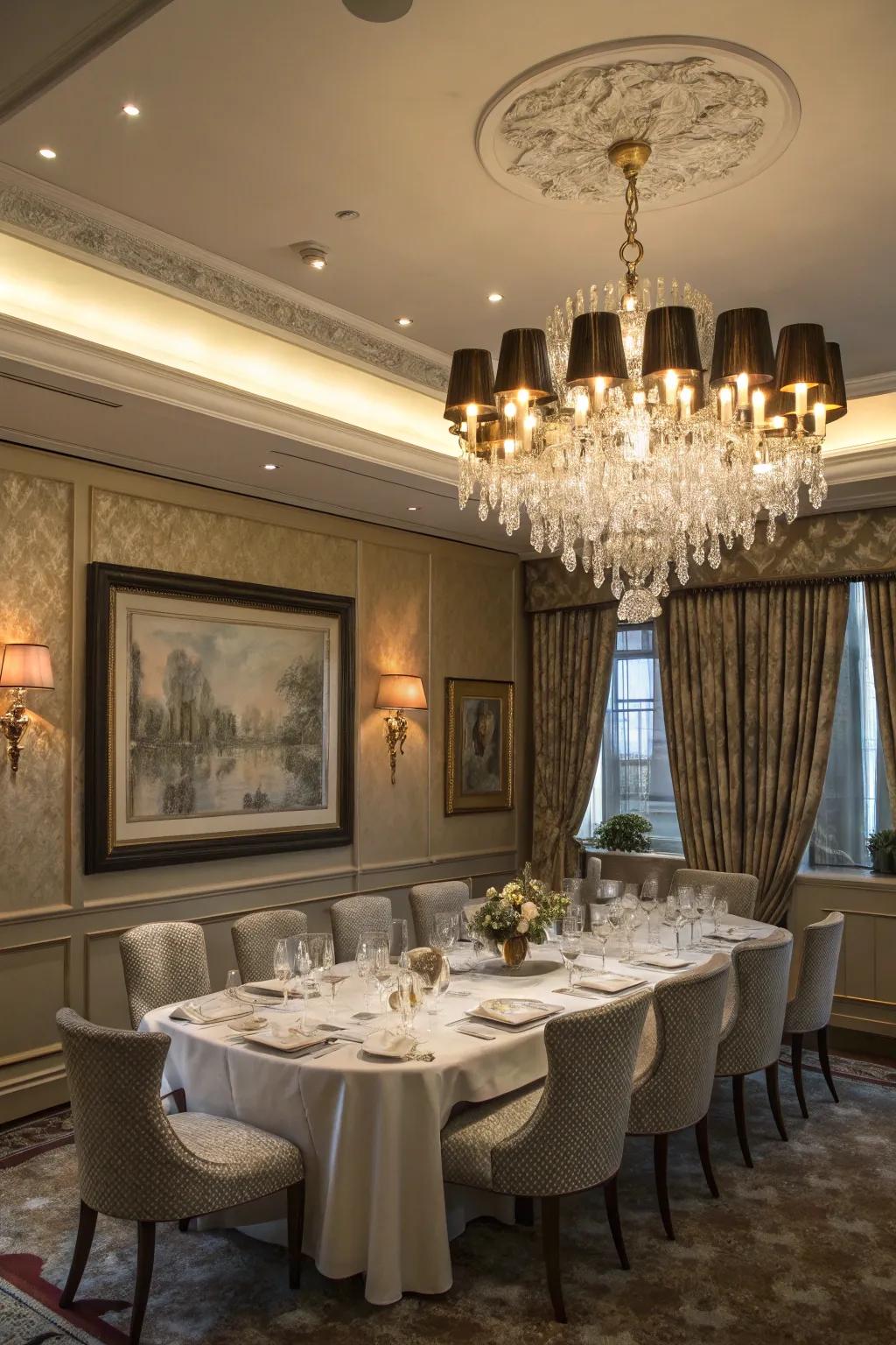 An elegant chandelier serving as a focal point in a colonial dining space.