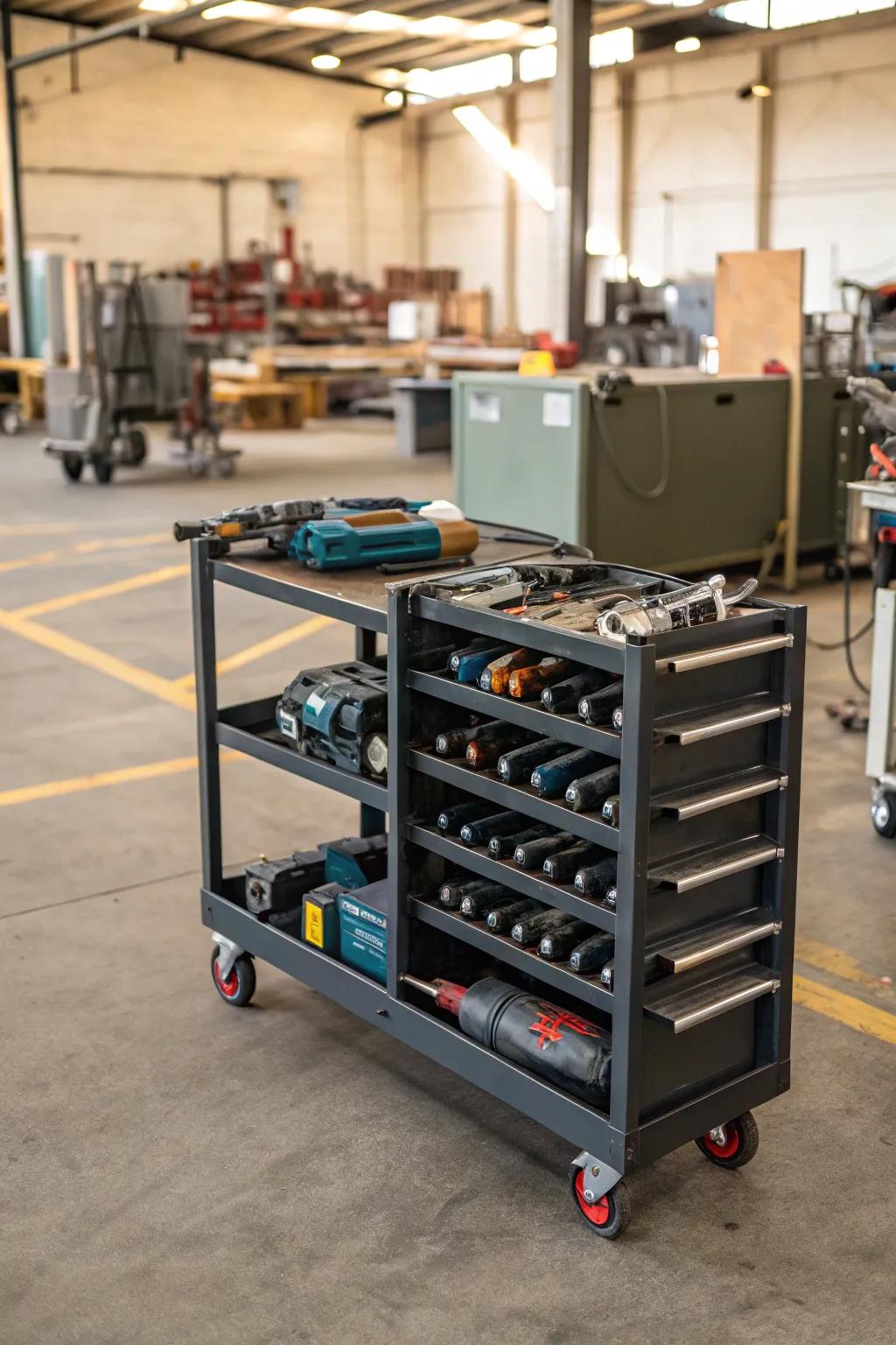 Movable rolling cart for adaptable angle grinder storage across different work locations.