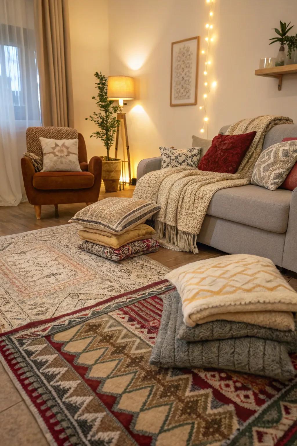 Layered textures result in an inviting and warm living area.