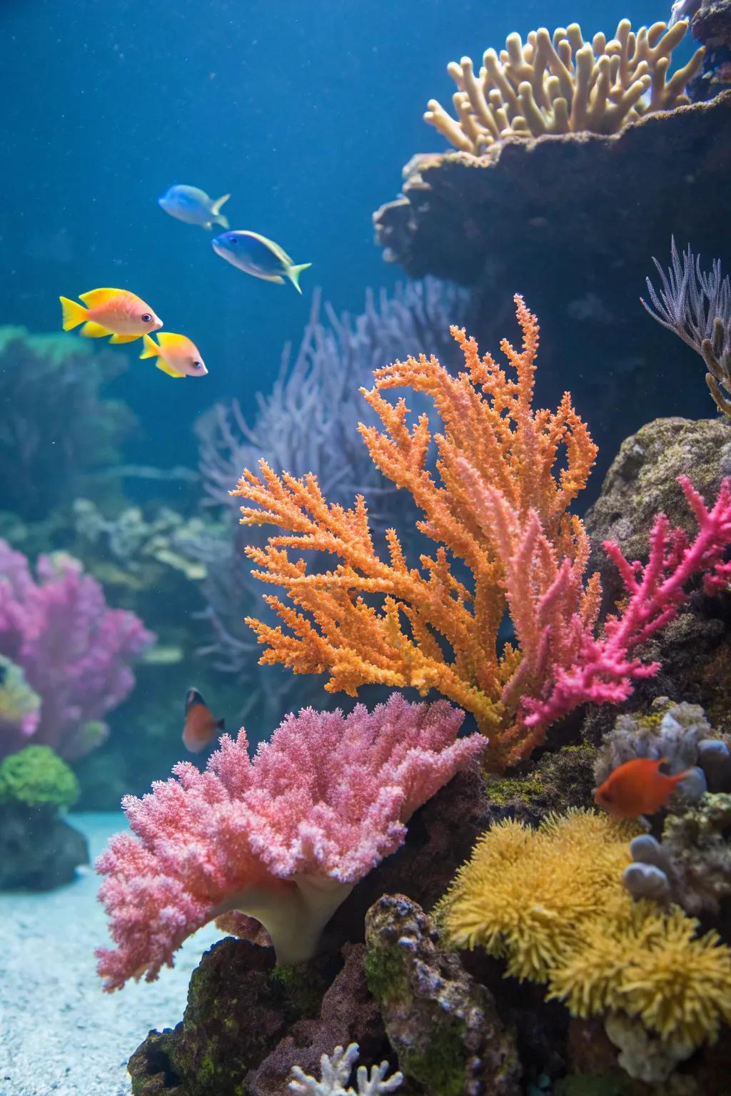 Vibrant artificial coral adds a pop of color to the tank.