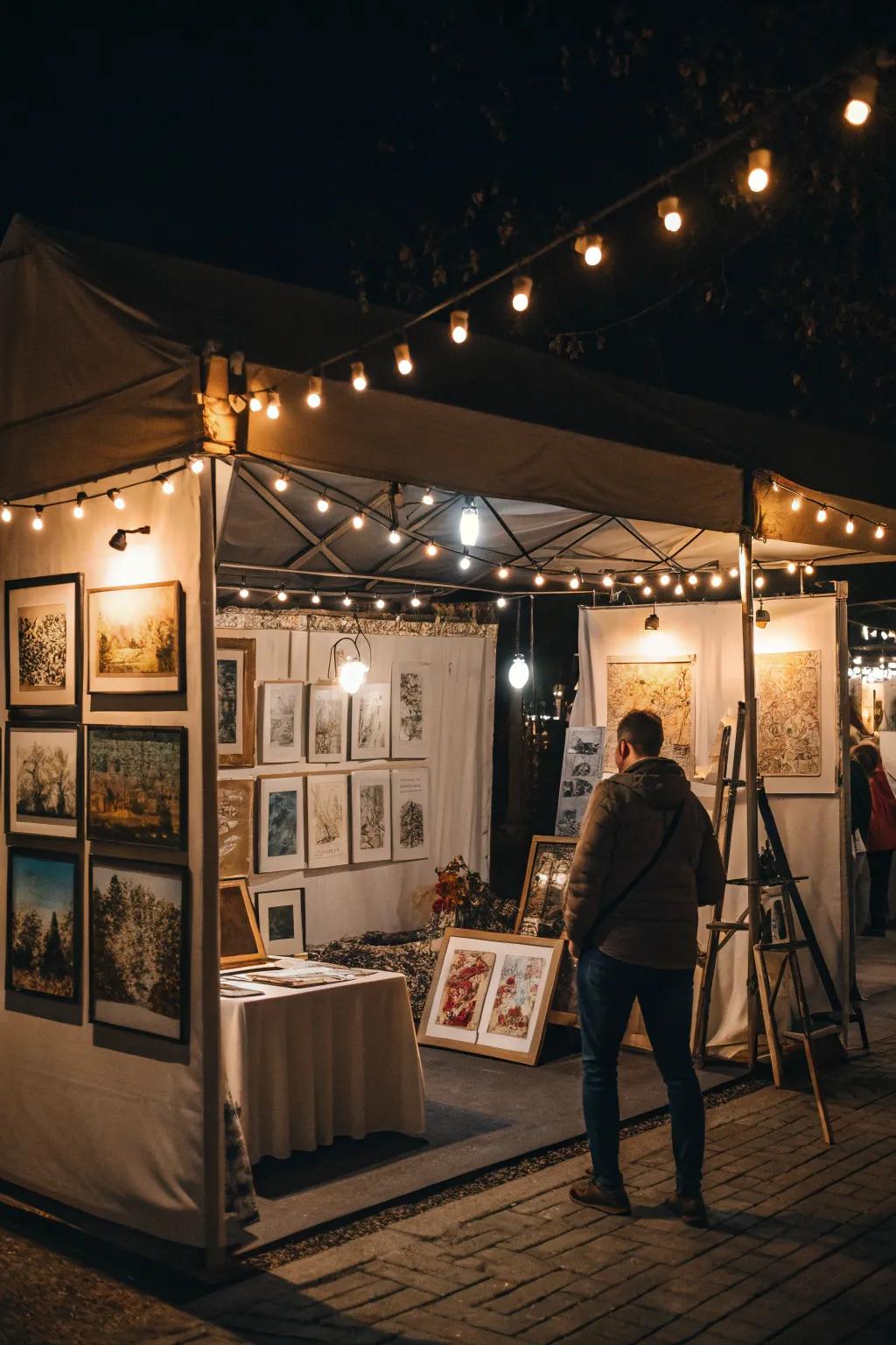 Attractive booth lighting emphasizing the artworks.
