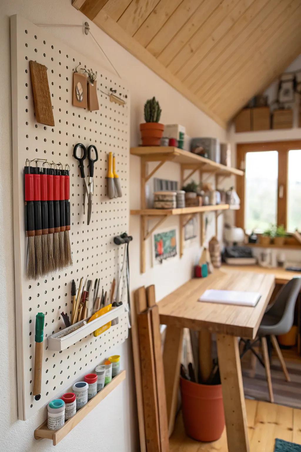 Pegboards are ideal for utilizing wall space in your artistic studio.