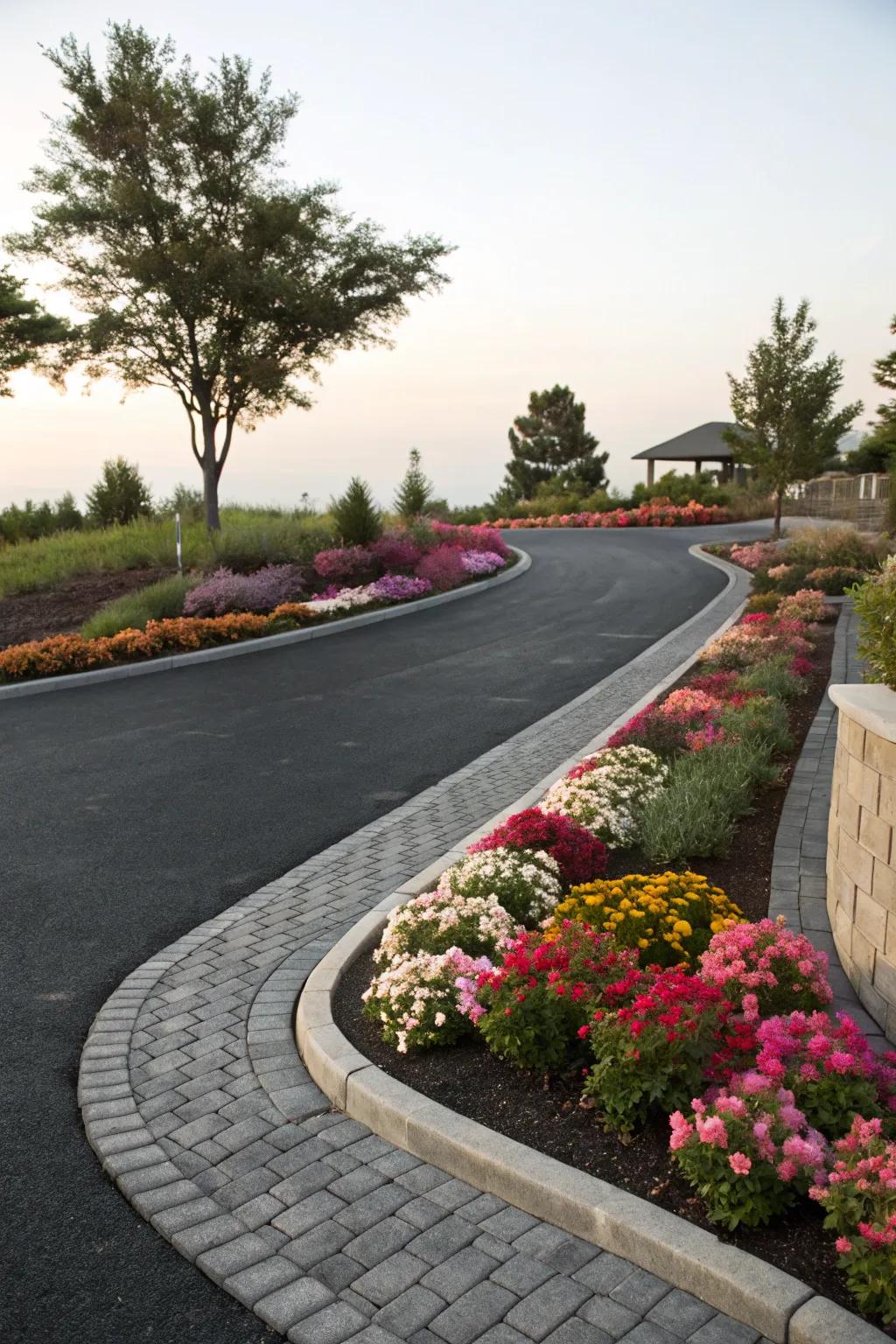 Curved paver borders add a flowing elegance to this welcoming driveway.