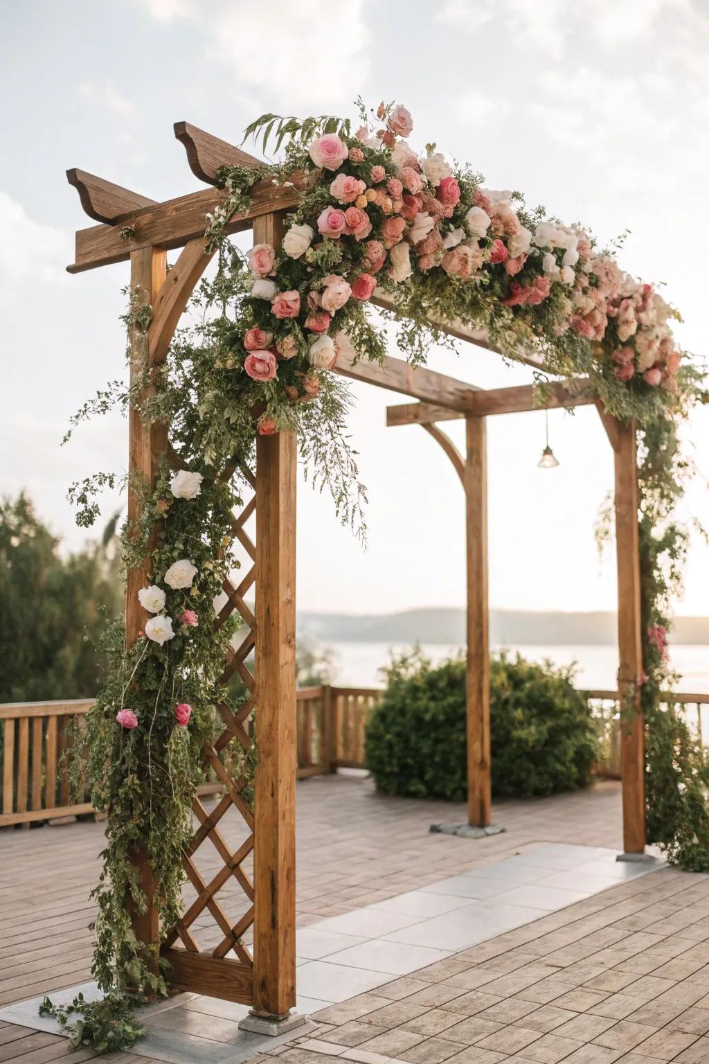 An eye-catching timber portal structure forms a wedding ceremonial backdrop.
