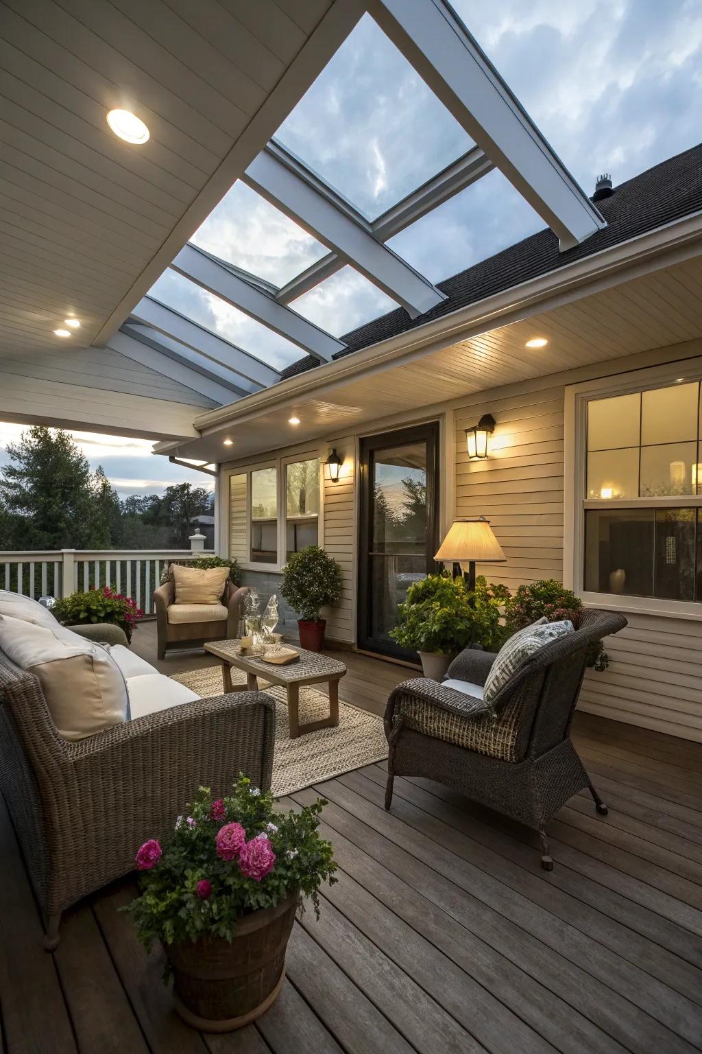 Overhead windows usher copious sunlight into your sheltered patio.