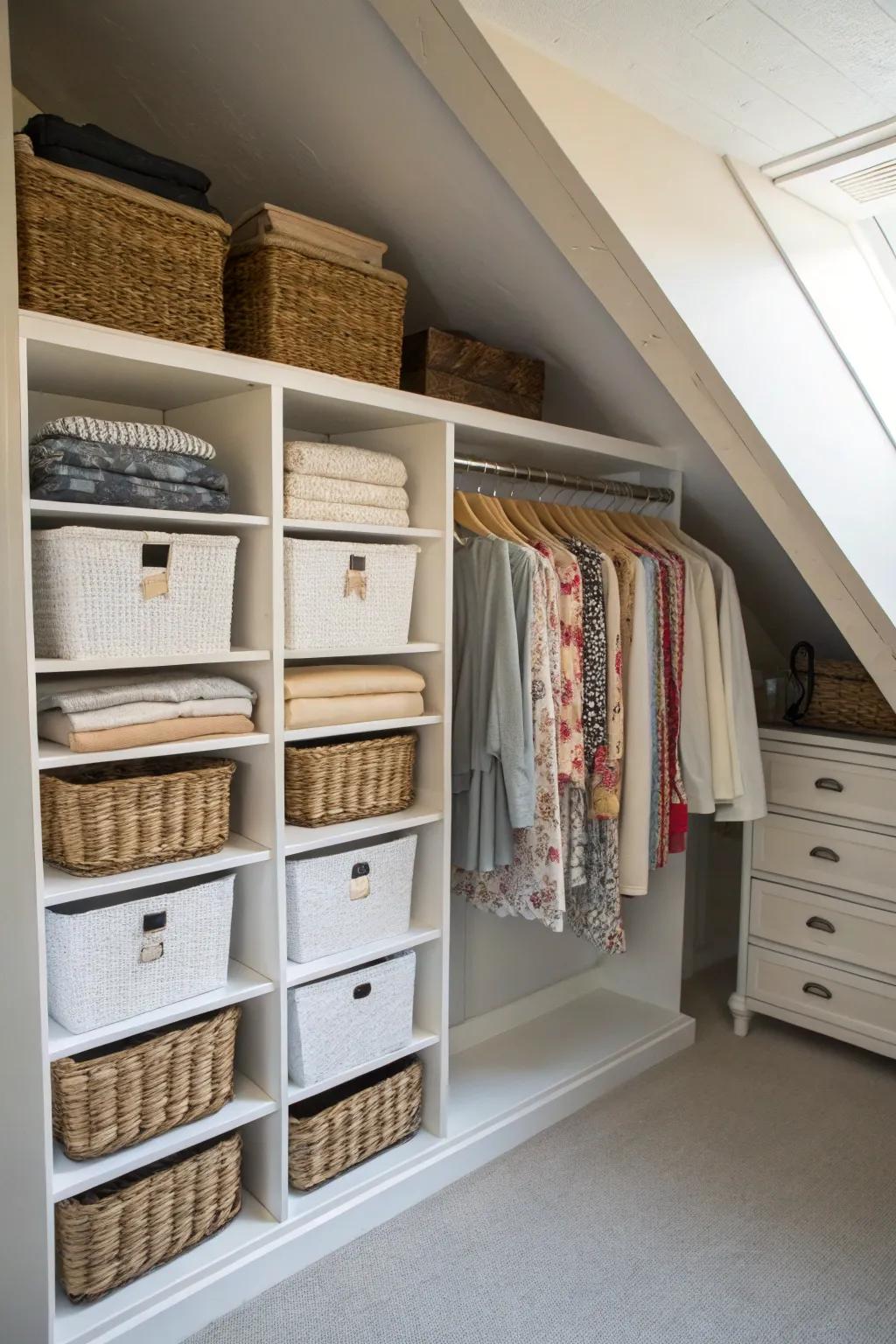 Maintain organization with baskets and partitions.