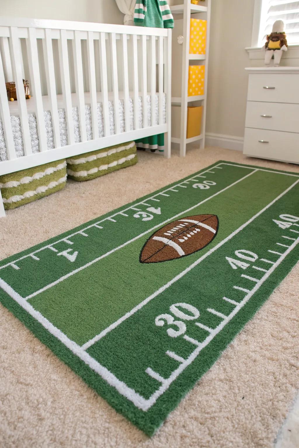 A football field rug introduces a lively base to the nursery's floor.