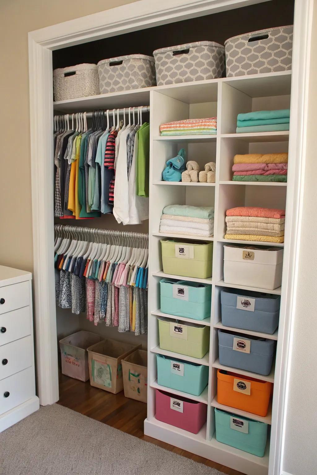 Multi-tiered storage solutions optimize the utilization of wardrobe space.