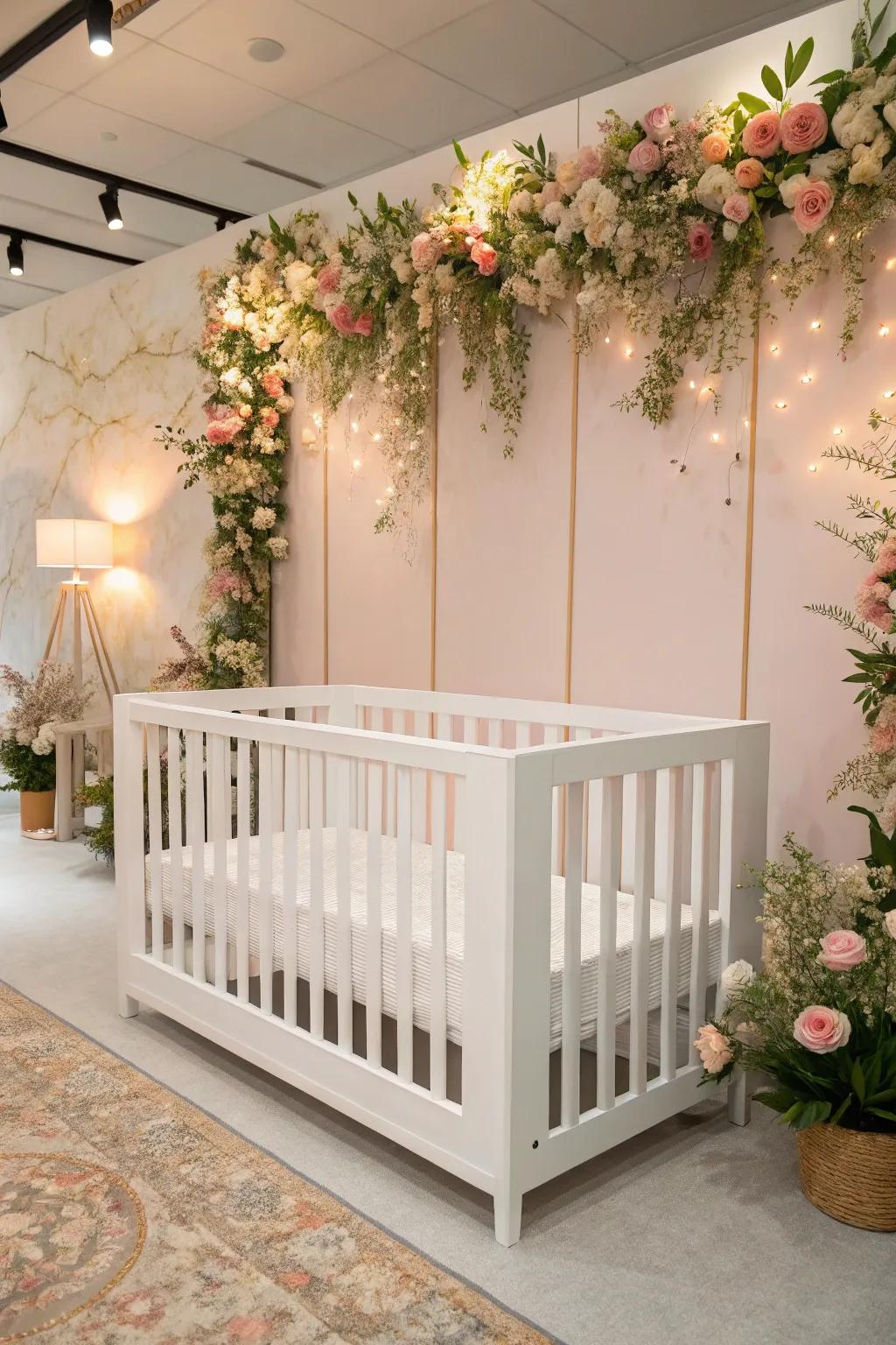 A modern crib imparts a sleek element to the floral nursery.