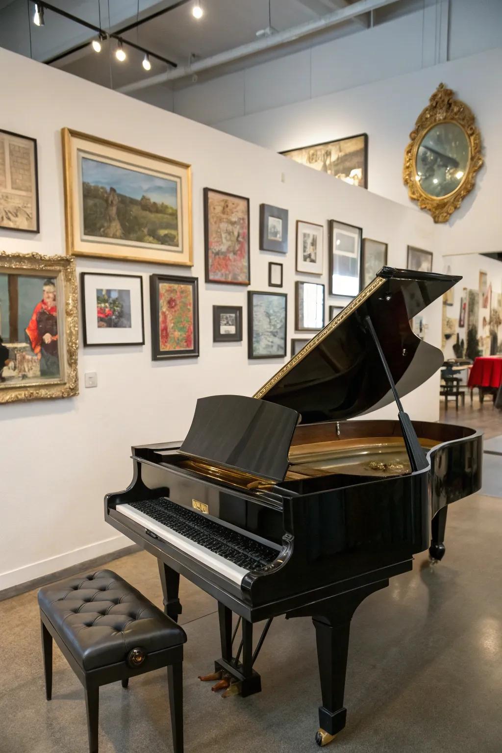 Artistic additions amplify the sophistication of the piano area.