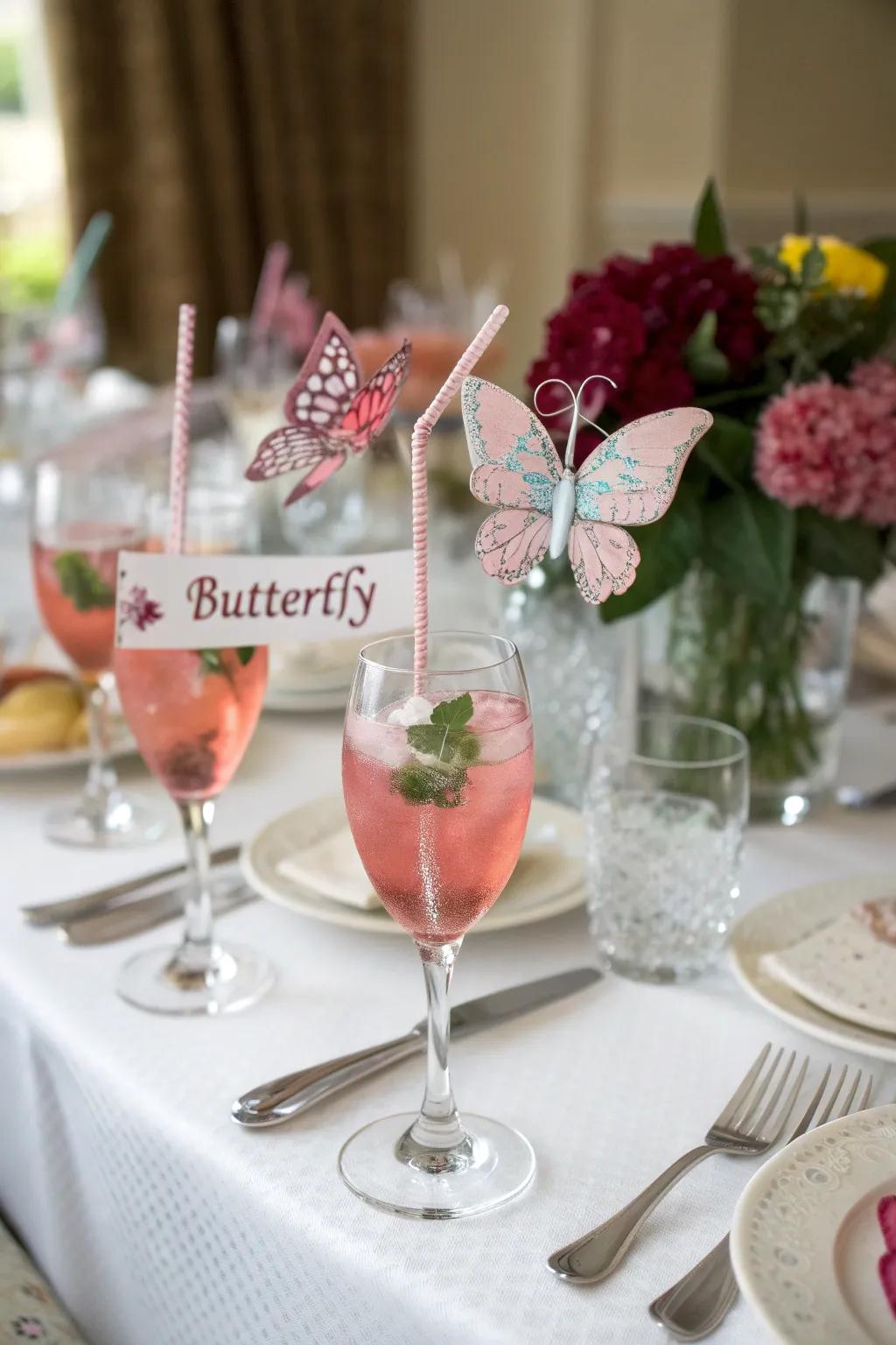 Bespoke butterfly beverage markers, uniting both allure and practicality.