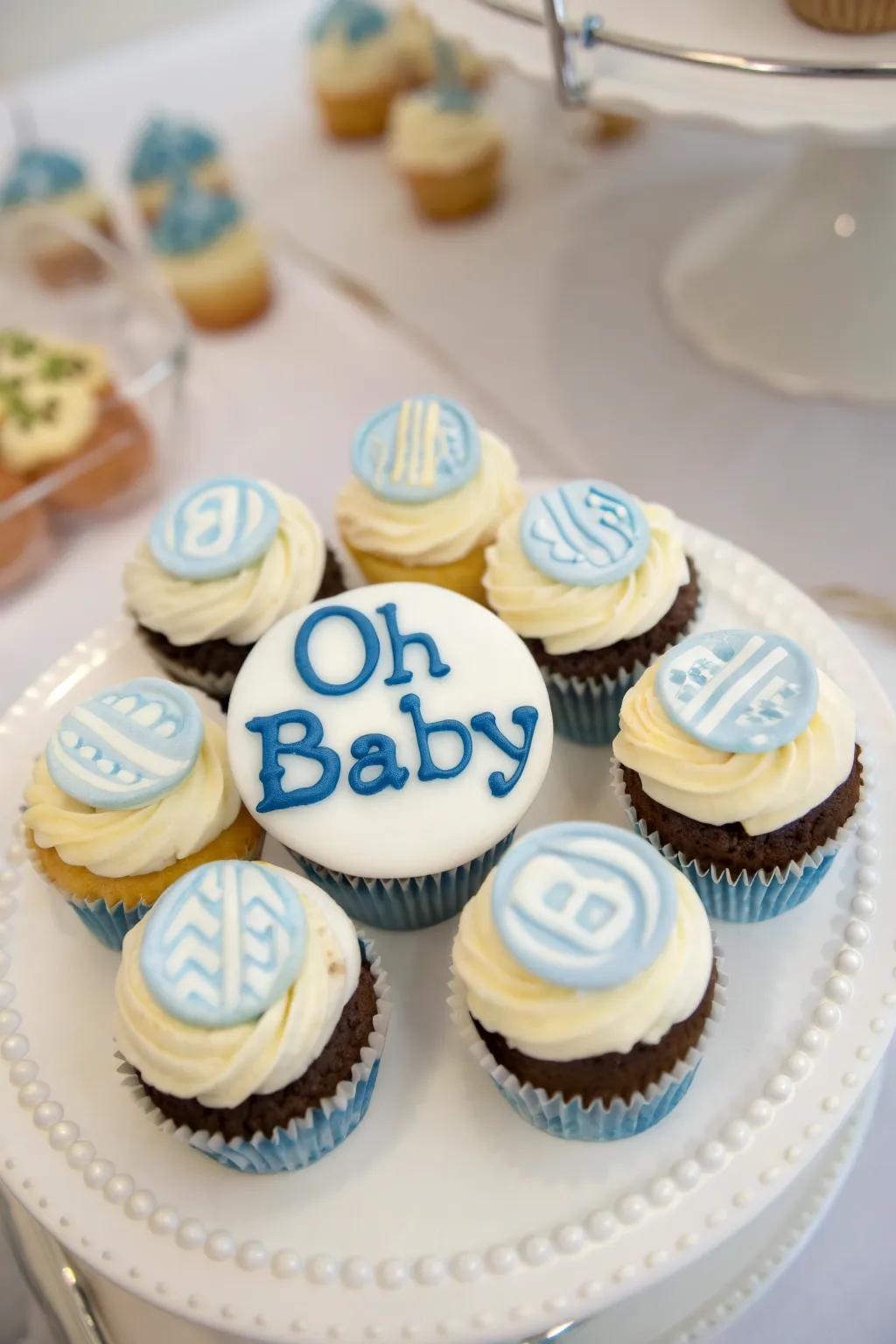 Cupcakes punctuated with 'Oh Baby' script, invoking a jubilant sensation.
