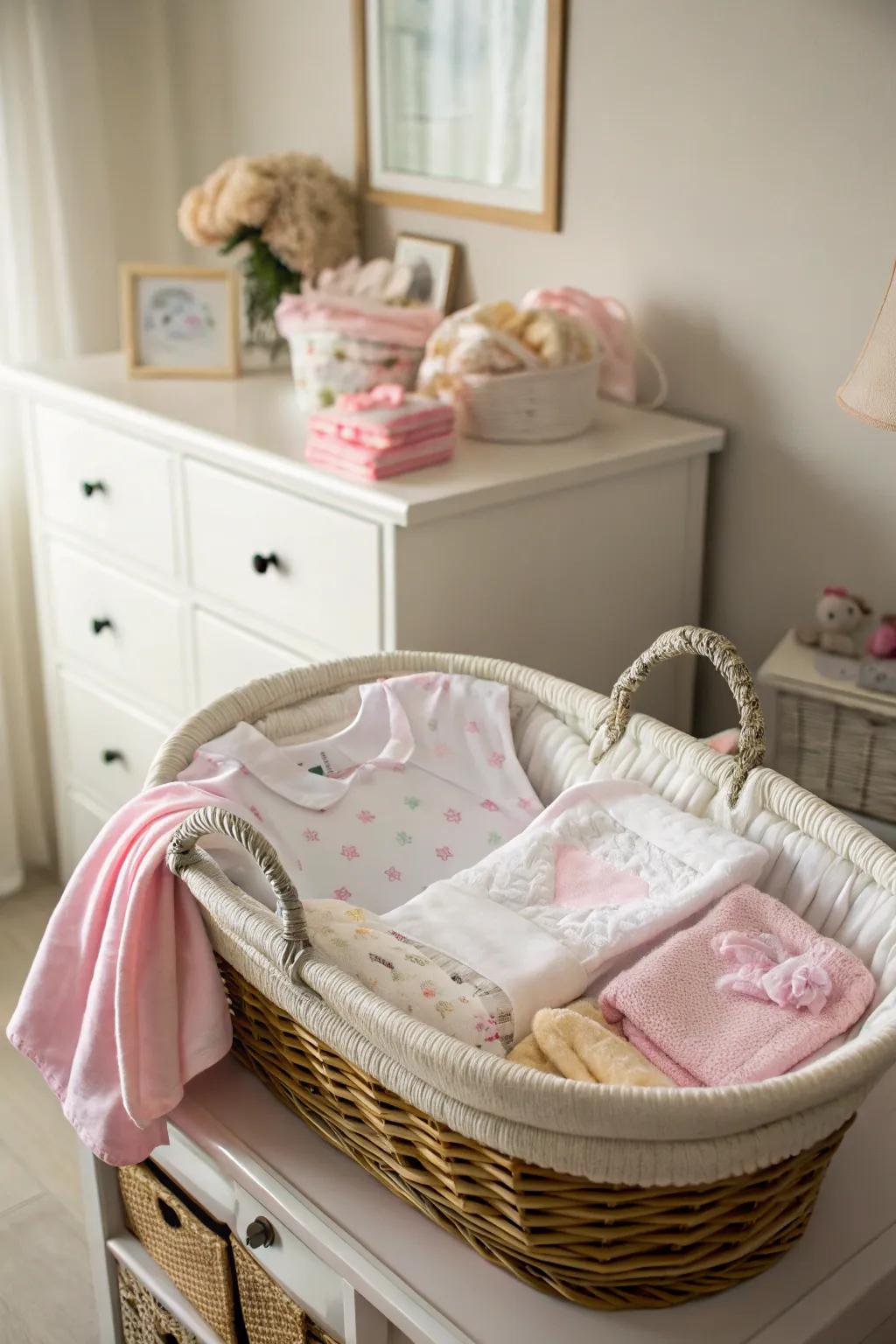 A charming diaper bassinet filled with essentials for the new parents.