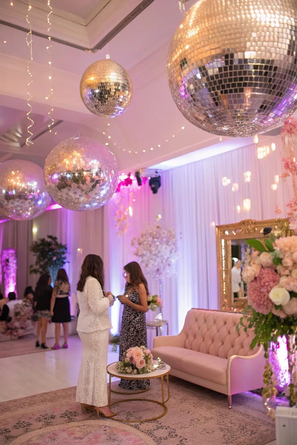 Mirror balls introduce a glamorous nuance to the celebration.