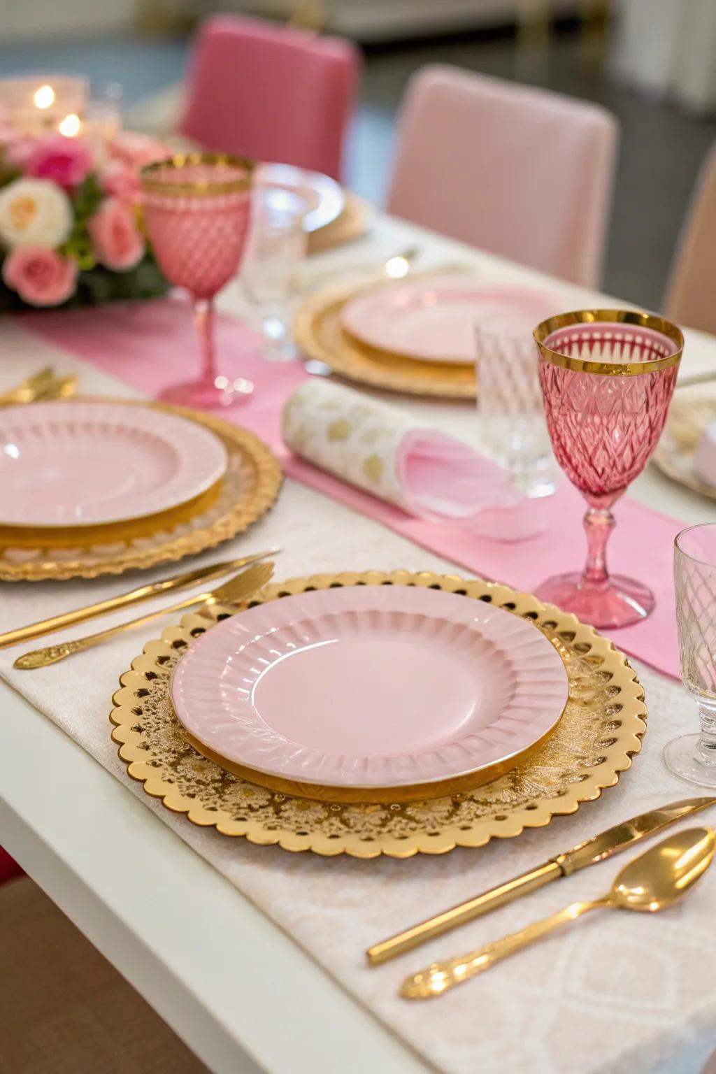 An elegant table setting with harmonizing rose and gold tableware.