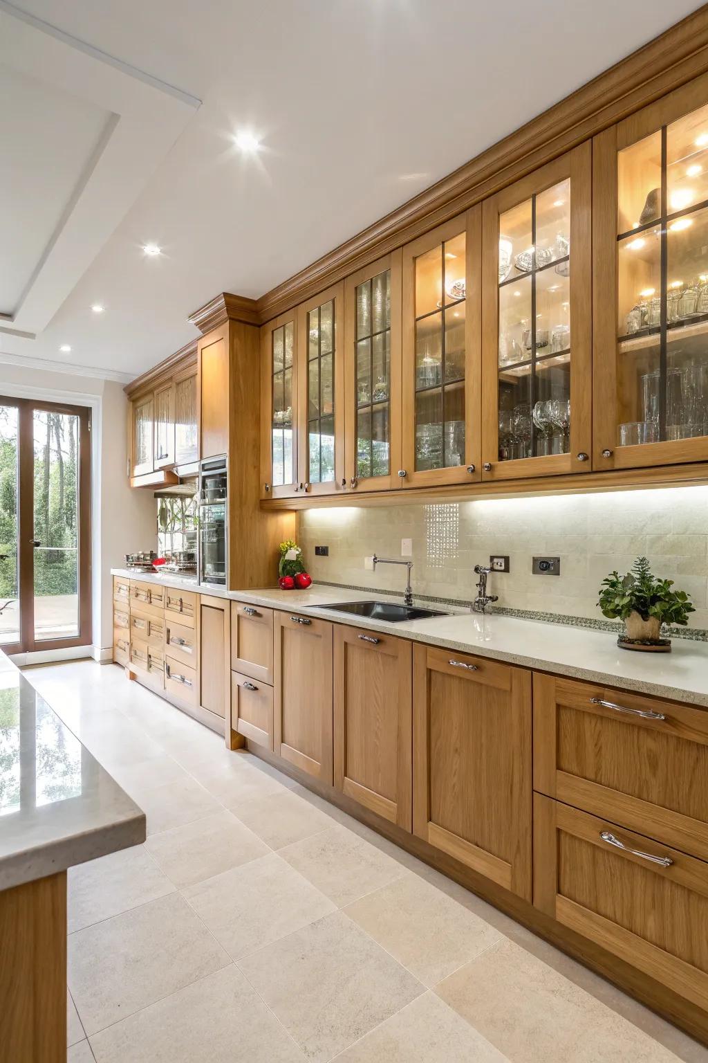 Sleek glass boards amplify the contemporary appeal of maple cabinets.