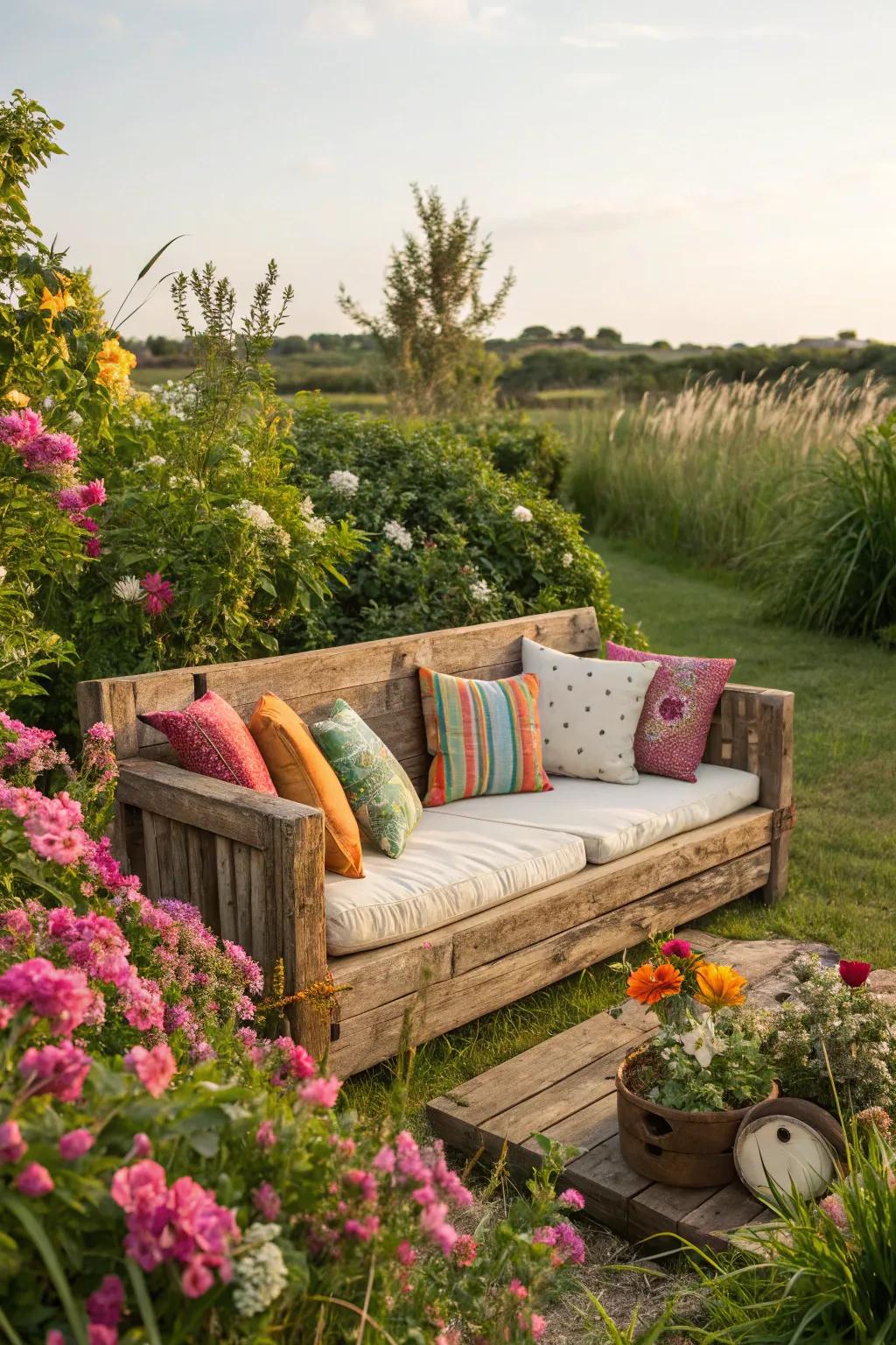 Wooden couches impart a rustic charm to any backyard.