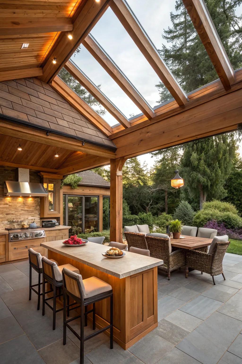 A cedar canopy featuring skylights enriches the natural appeal of your outdoor kitchen.