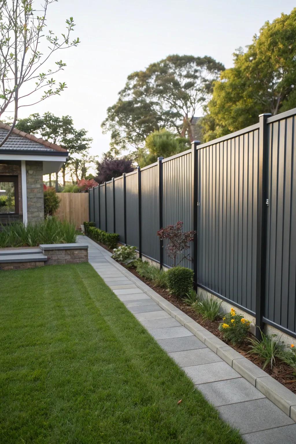 A contemporary metal sheet fence adds an urban edge to the yard.
