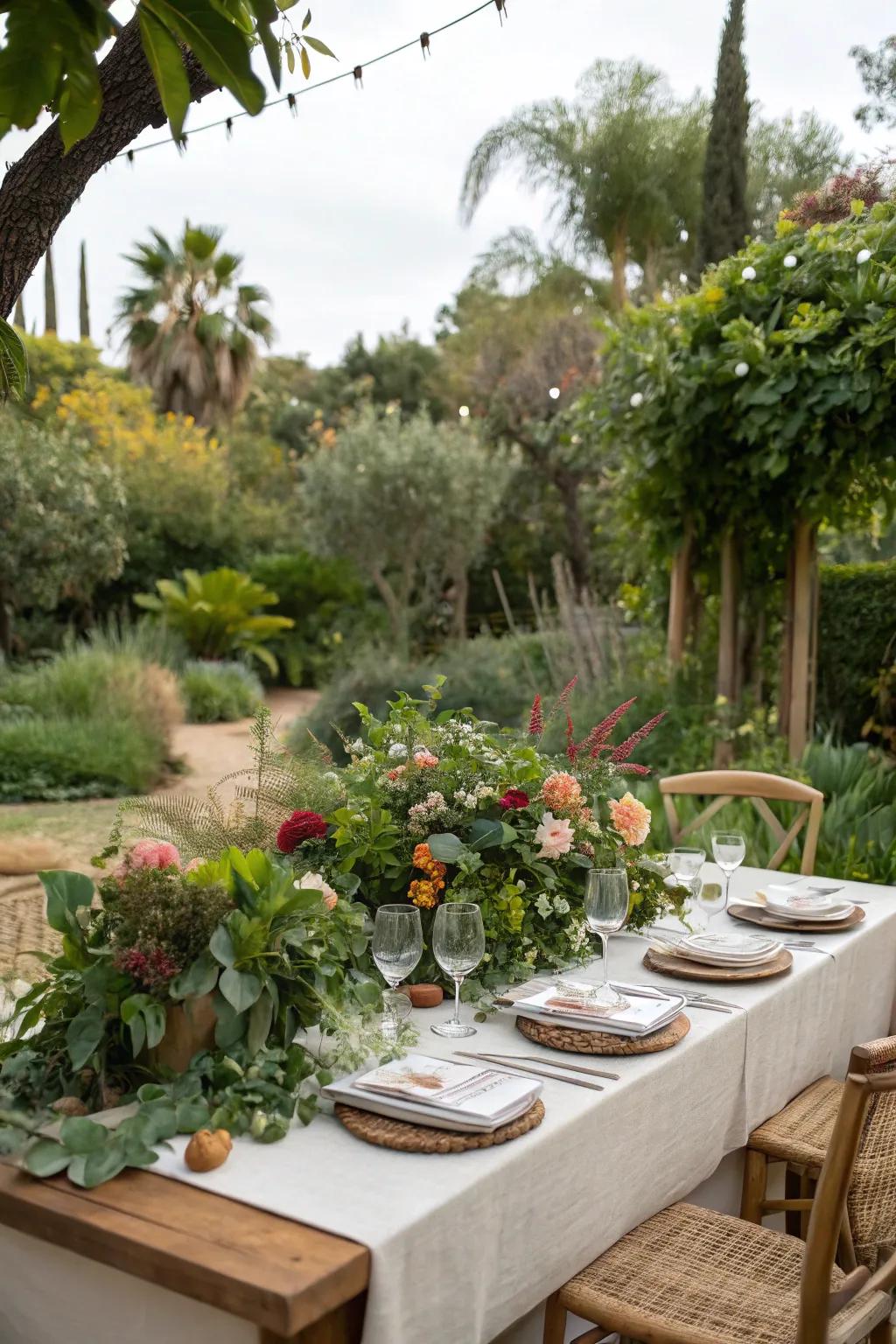 Botanical arrangements mirror the inherent splendor of the surrounding garden.