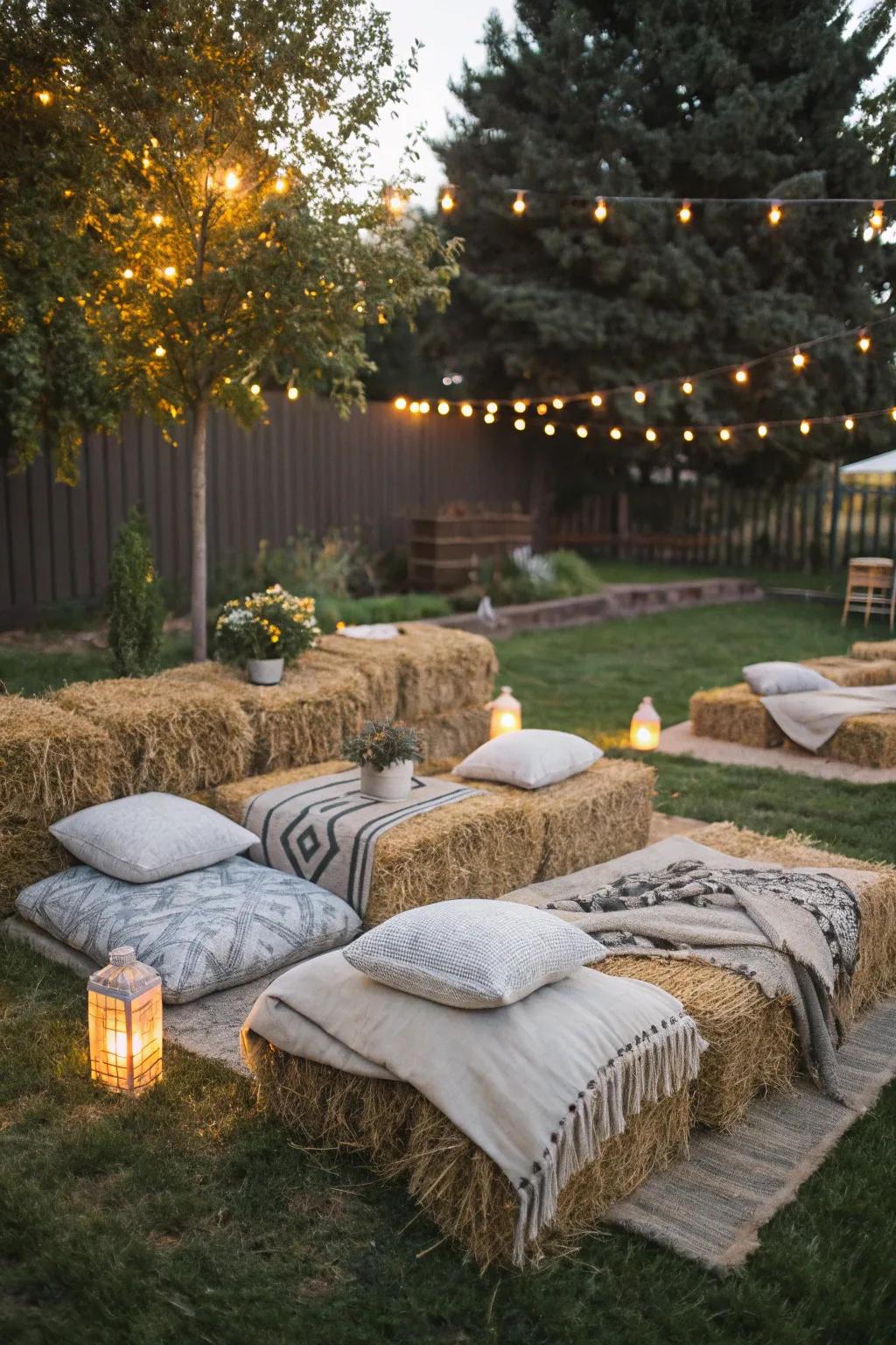 Straw bales contribute a countryside allure to your backyard film adventure.