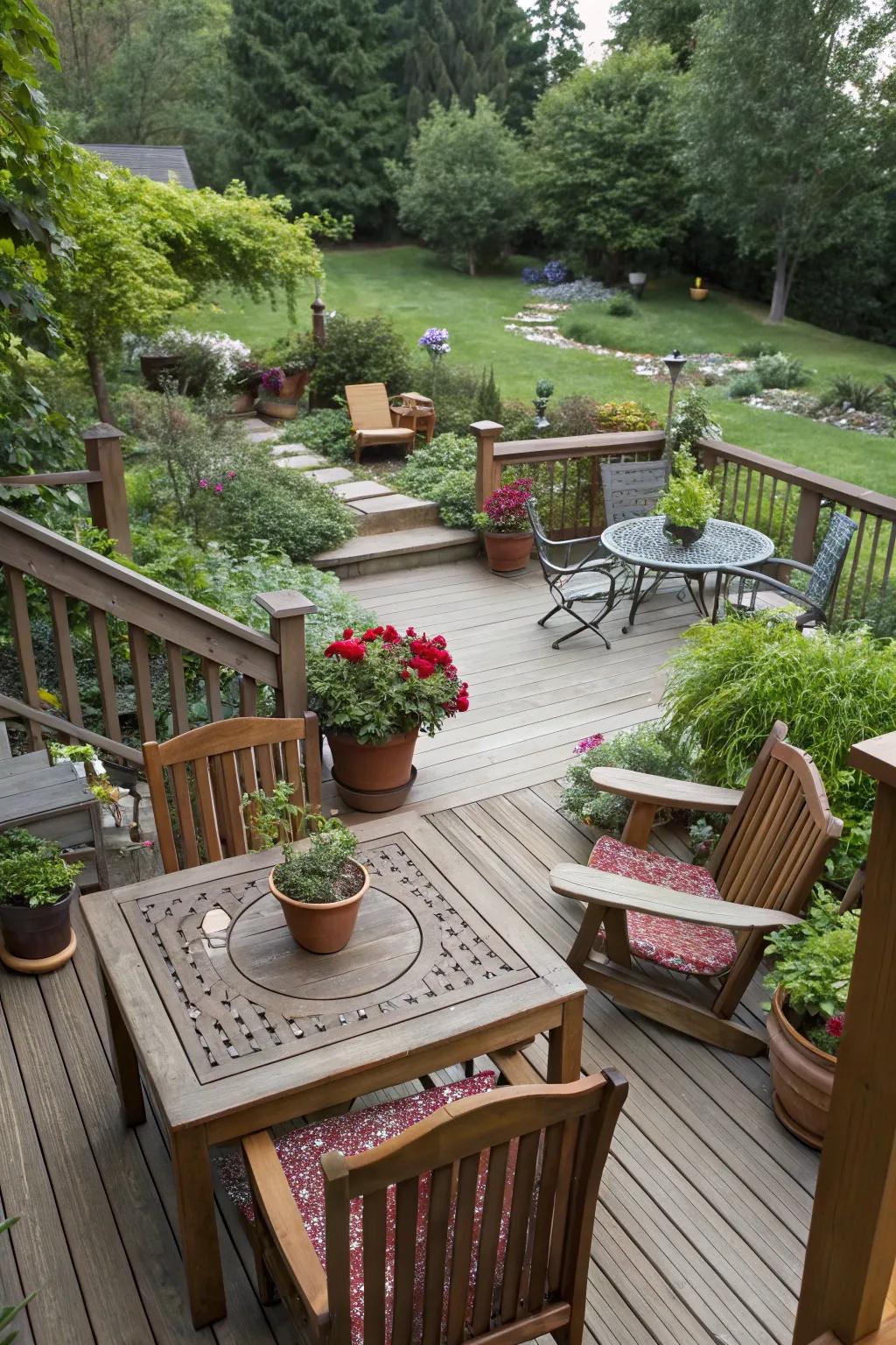 A deck provides a defined and elevated seating space.