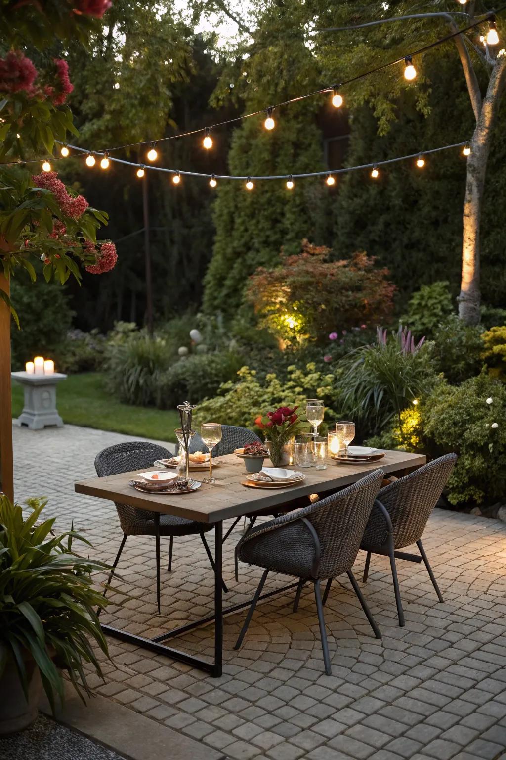Savor culinary delights outdoors with an appealing patio dining arrangement.