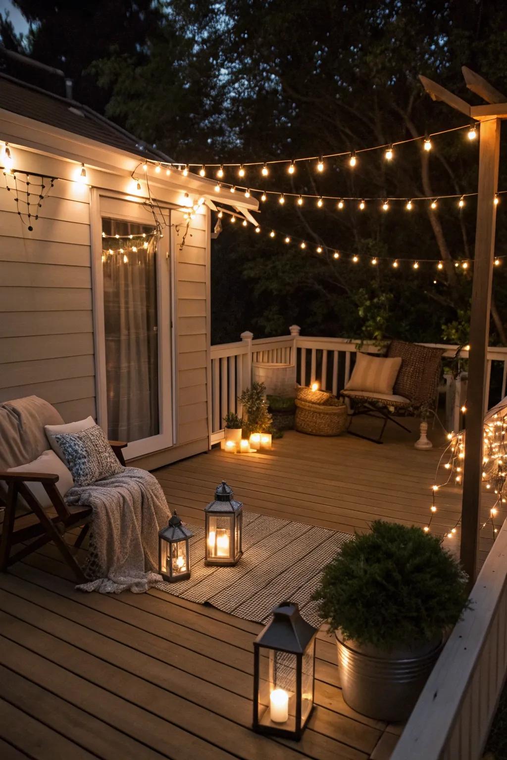 Enveloping light effects transform your deck into a nocturnal sanctuary.