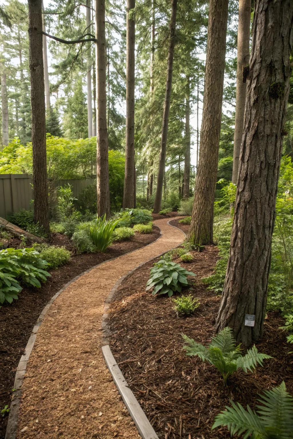 A mulch path twisting through a lush backyard, reminiscent of a forest.