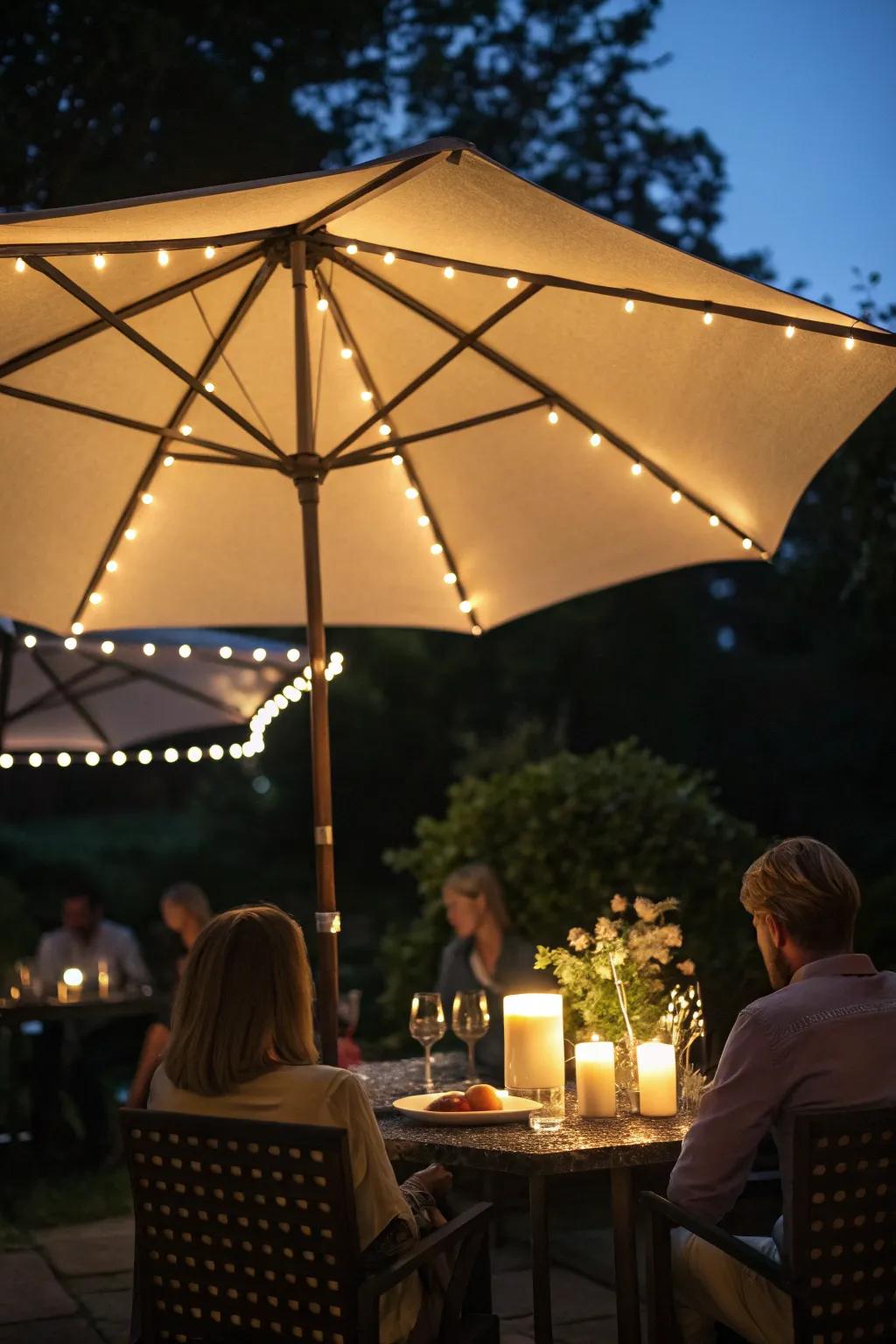 A patio umbrella with built-in lights for evening ambiance.