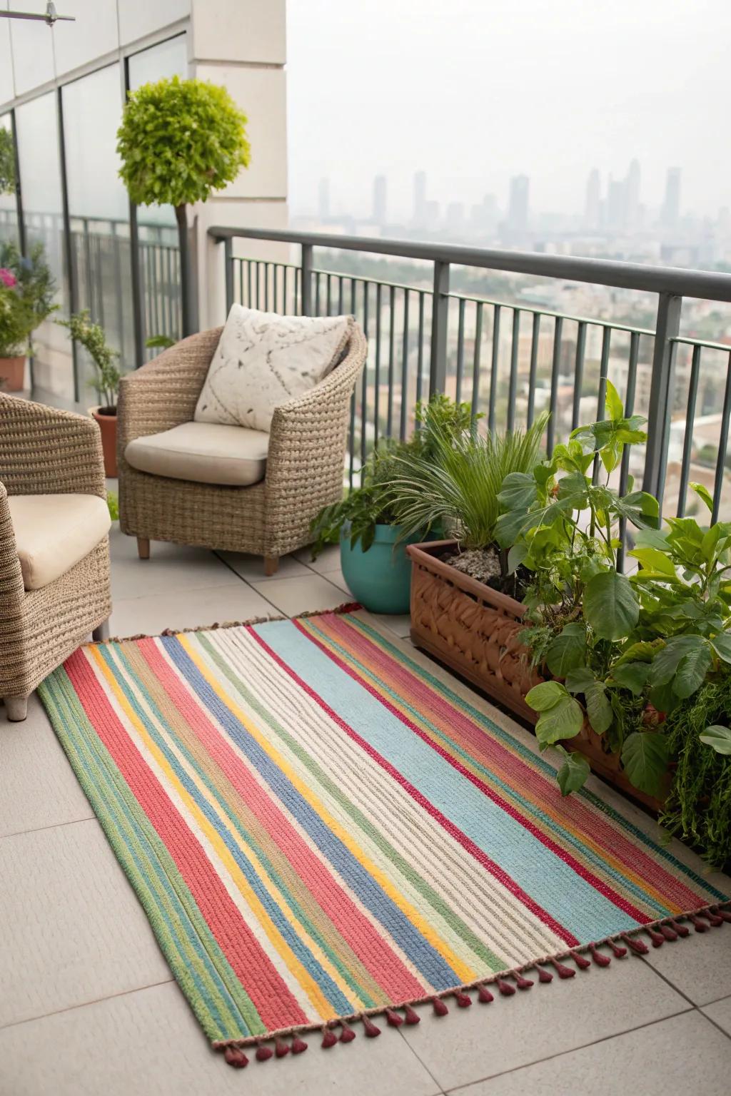 Outdoor rugs contribute warmth and color to your balcony.