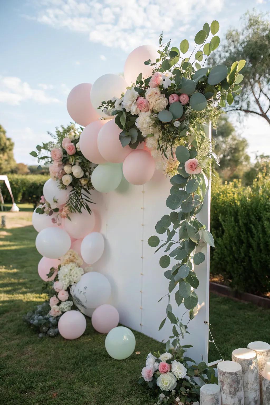 A vibrant and natural floral balloon feature with eucalyptus details.