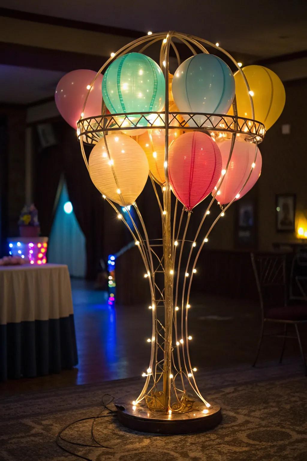 LED lights add a magical glow to balloon stands.