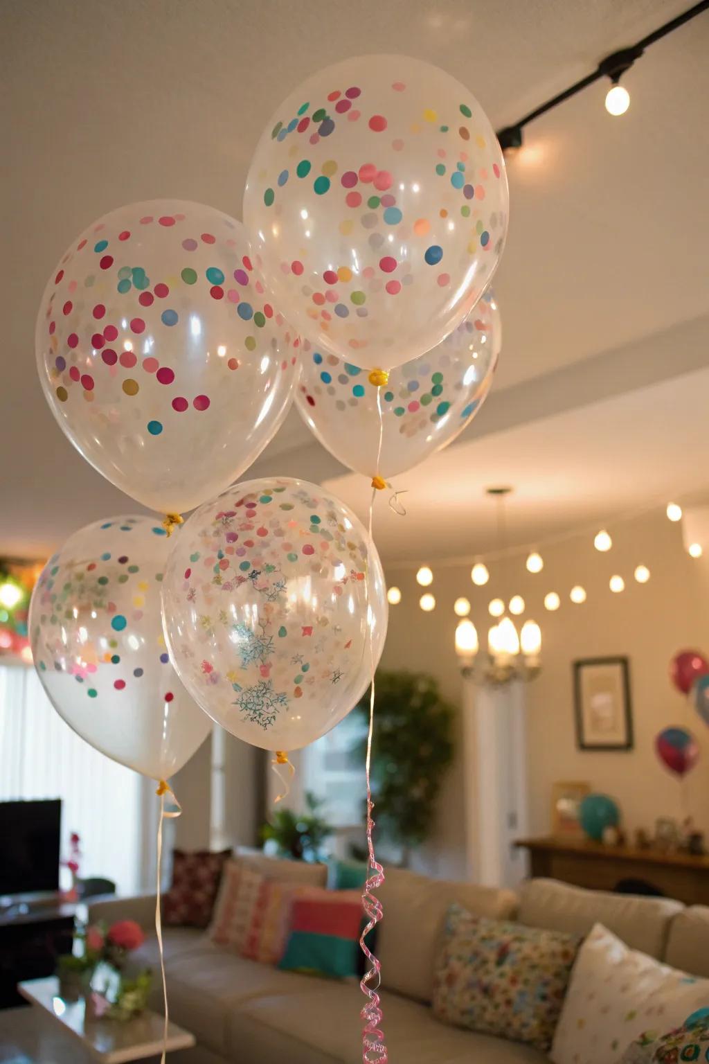 Vibrant confetti-filled balloons enhancing a festive area