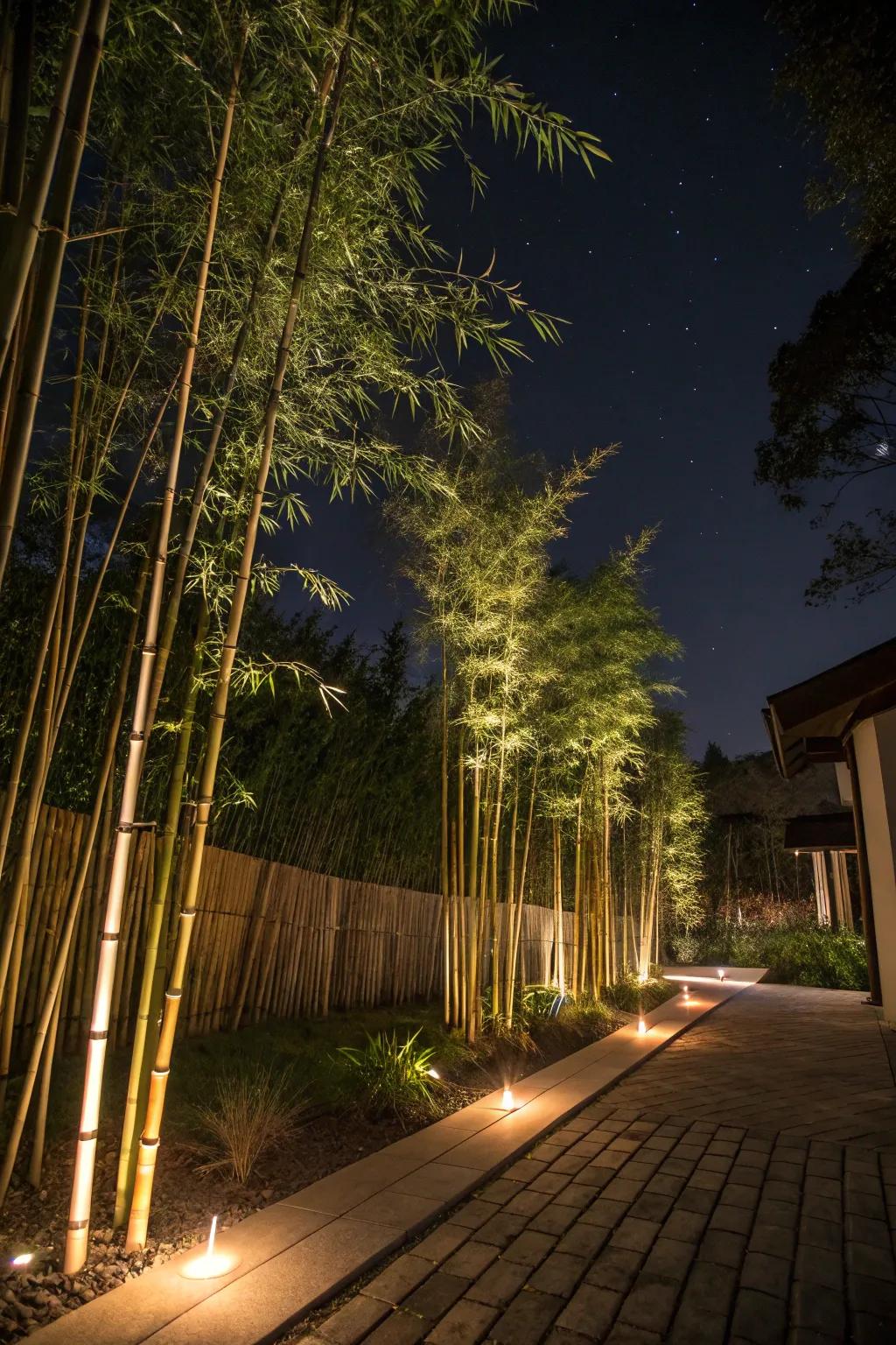 Bamboo garden illuminated by soft lights for a magical night ambiance.