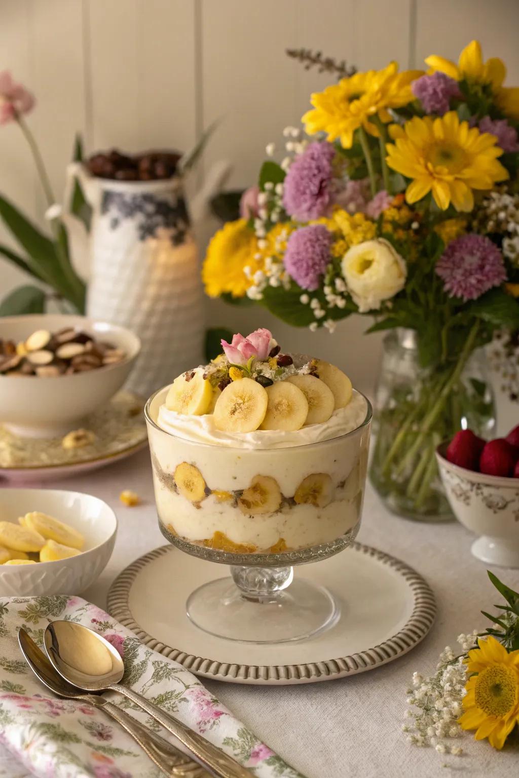 Fresh blossoms introduce an element of natural beauty to banana pudding.