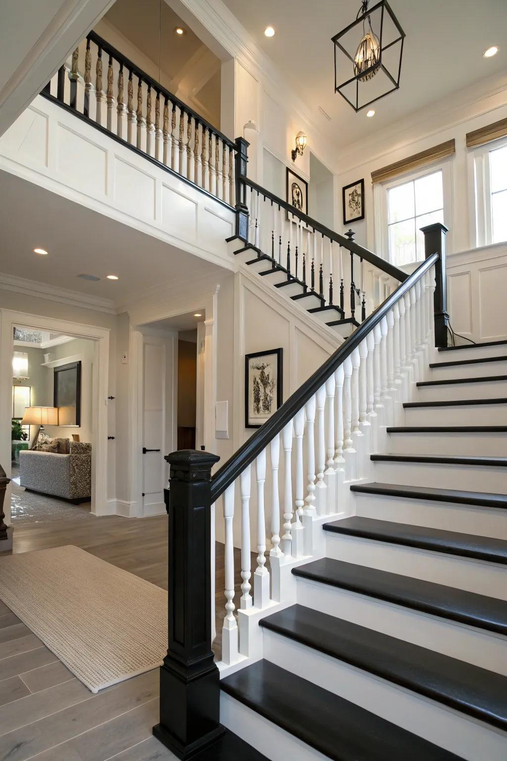 Striking and modern with ebony and ivory stair rail contrast.