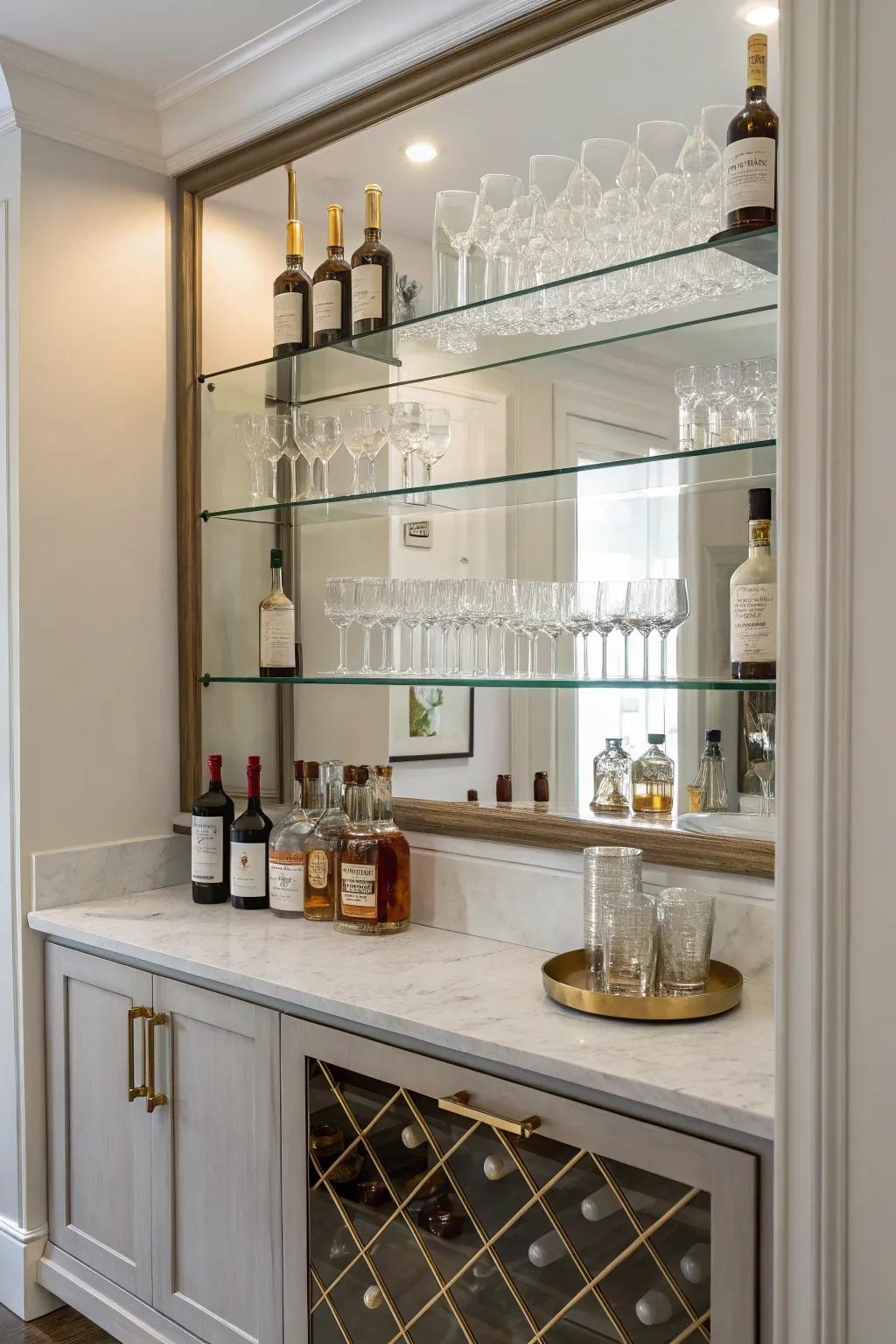Contemporary minimalism using mirrored shelving creates a streamlined and stylish home bar.