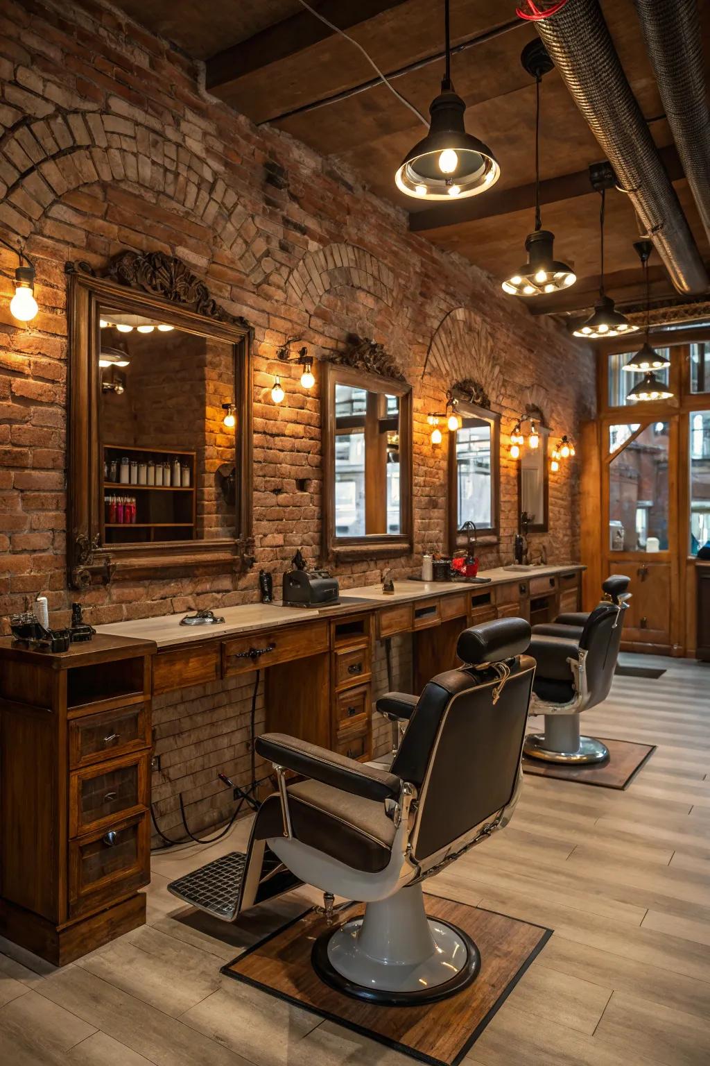 Weathered allure encounters warm lighting in a welcoming barbershop.