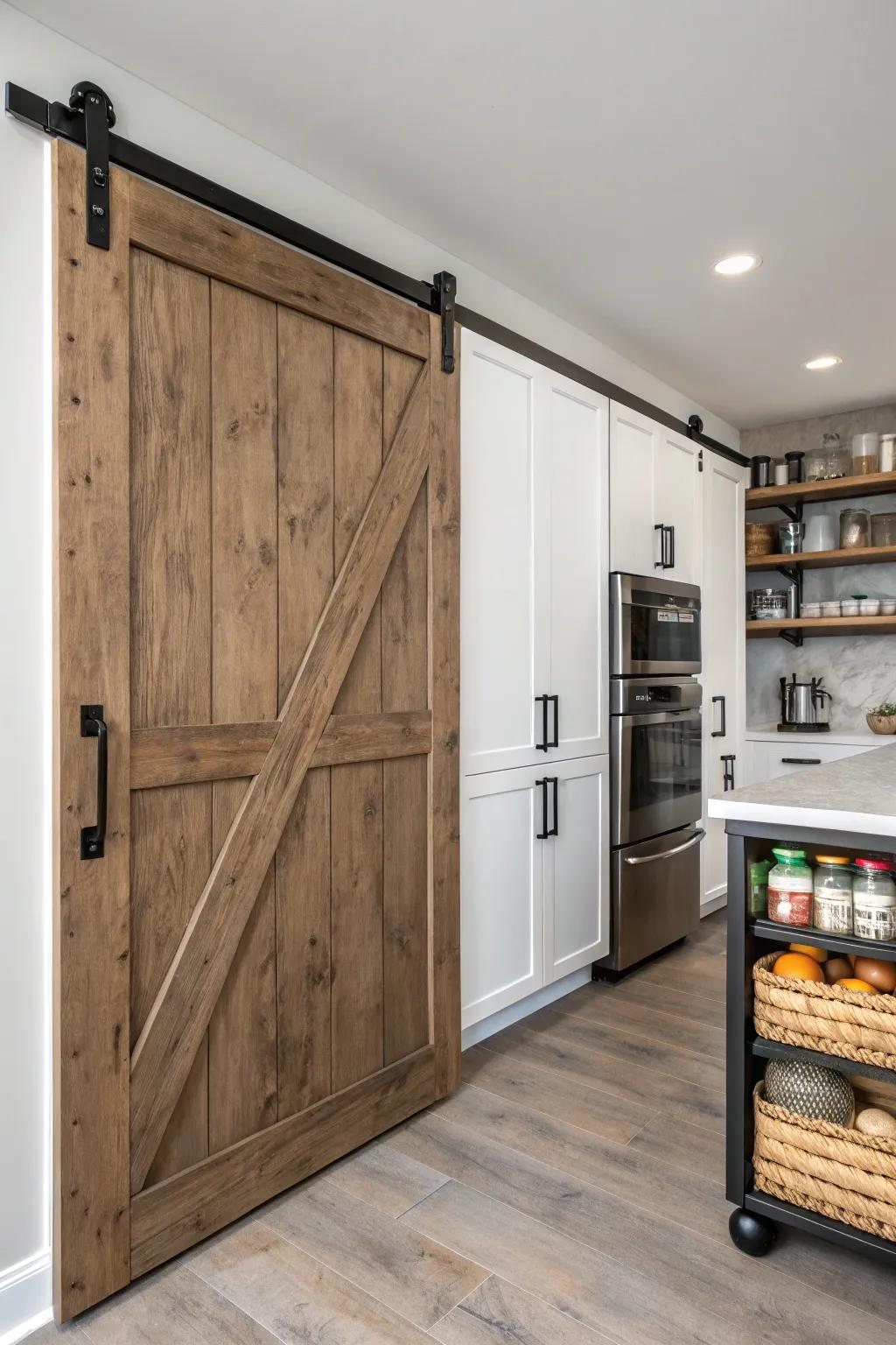 A culinary space featuring a sliding barn aperture, delineating the pantry, and accentuated by understated graphite hardware.