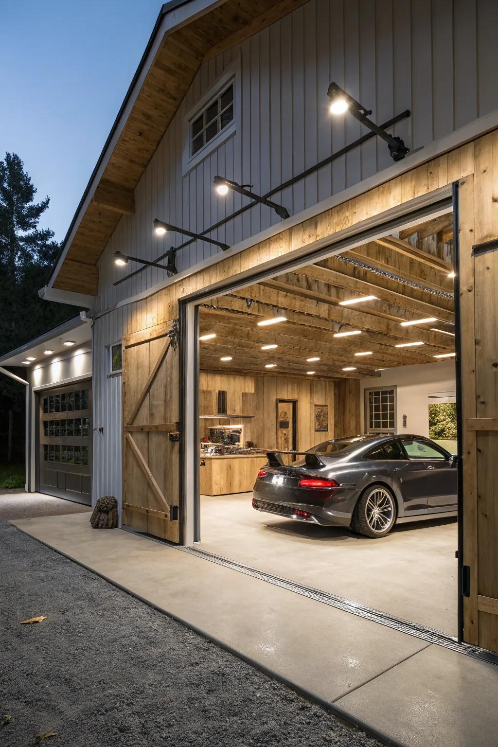 The modern lighting fixtures make this barn garage lighter with ease.
