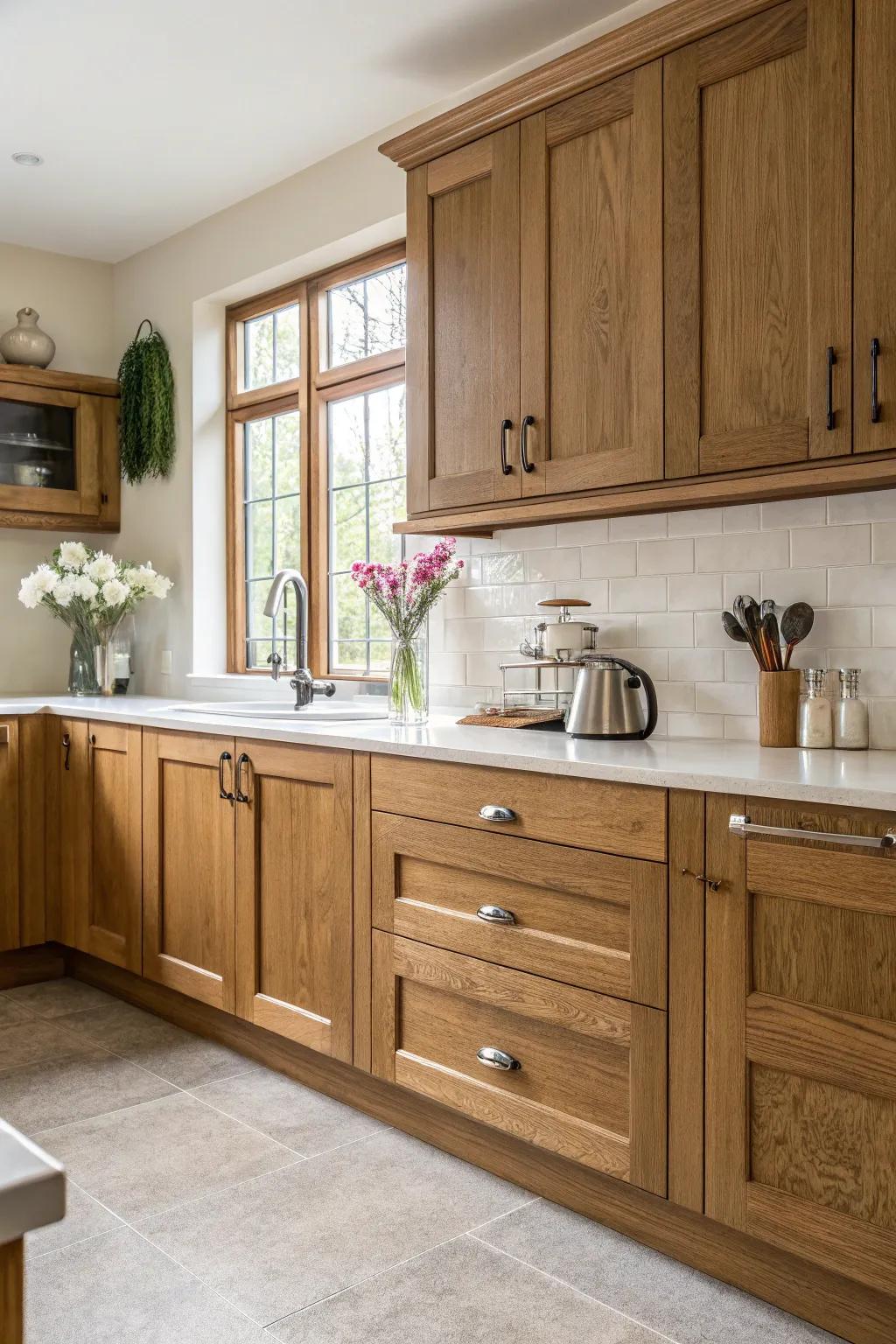 Traditional wood-textured cabinets contribute warmth and ageless appeal.