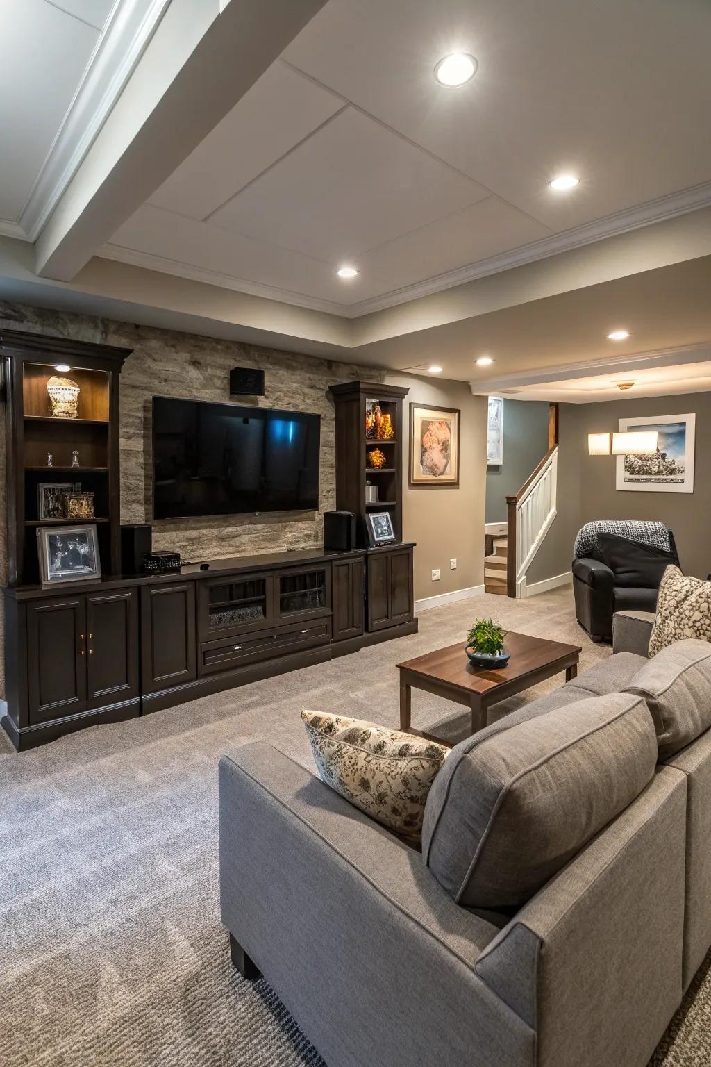 An entertainment hub acts as the point of focus for this family-oriented basement.