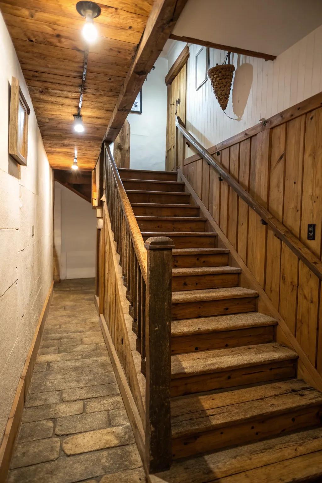 Country-style wood elements impart warmth and allure to the stairway.