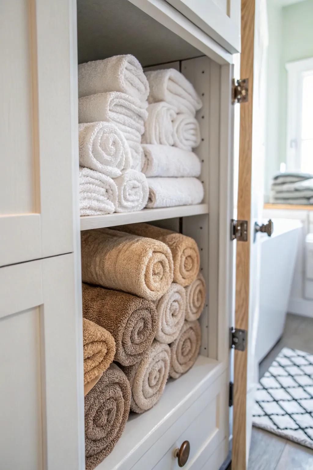 Rolled towels lend your closet a spa-inspired aesthetic.